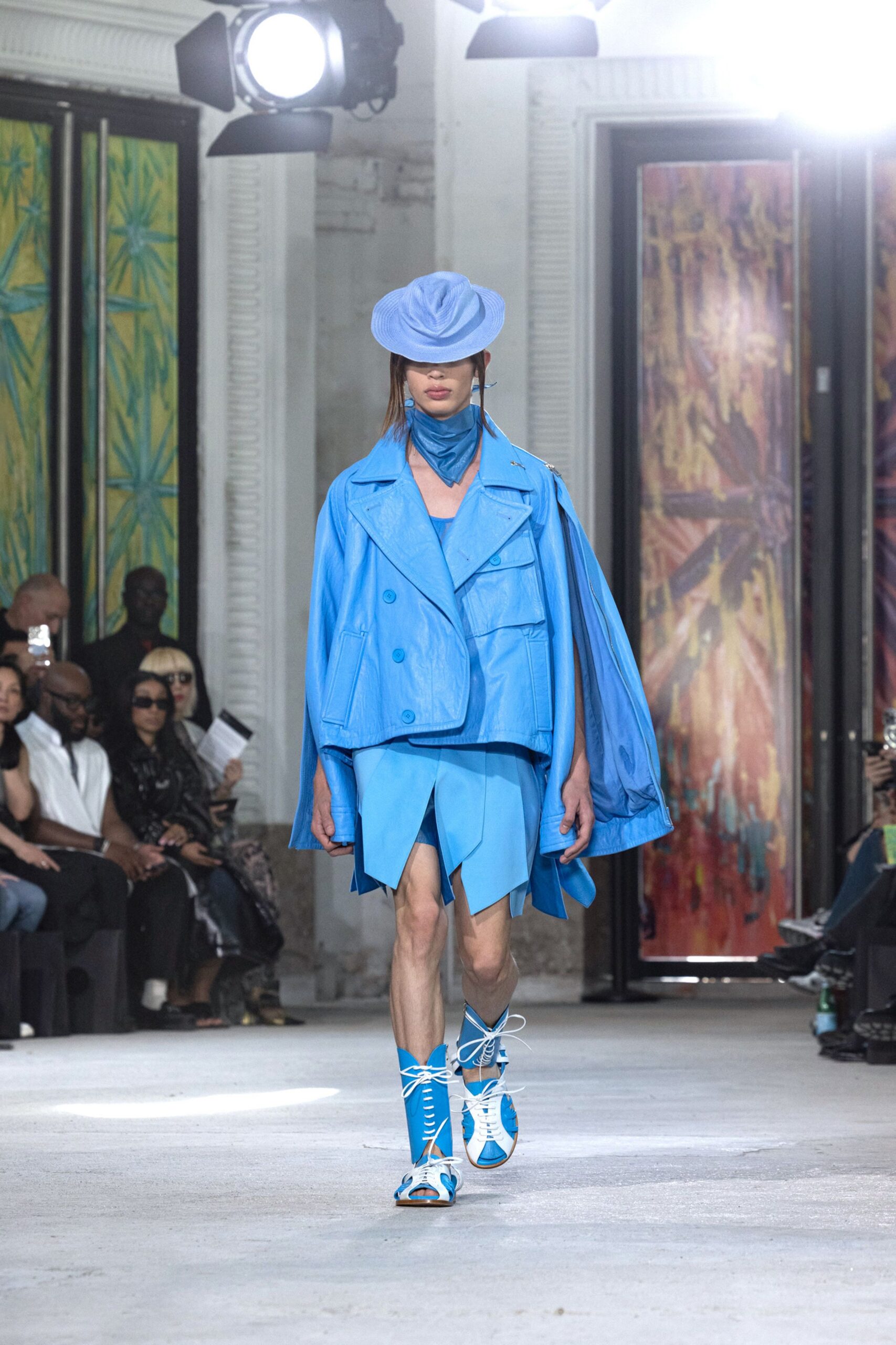 blue cotton long-sleeve collared fitted layered coat