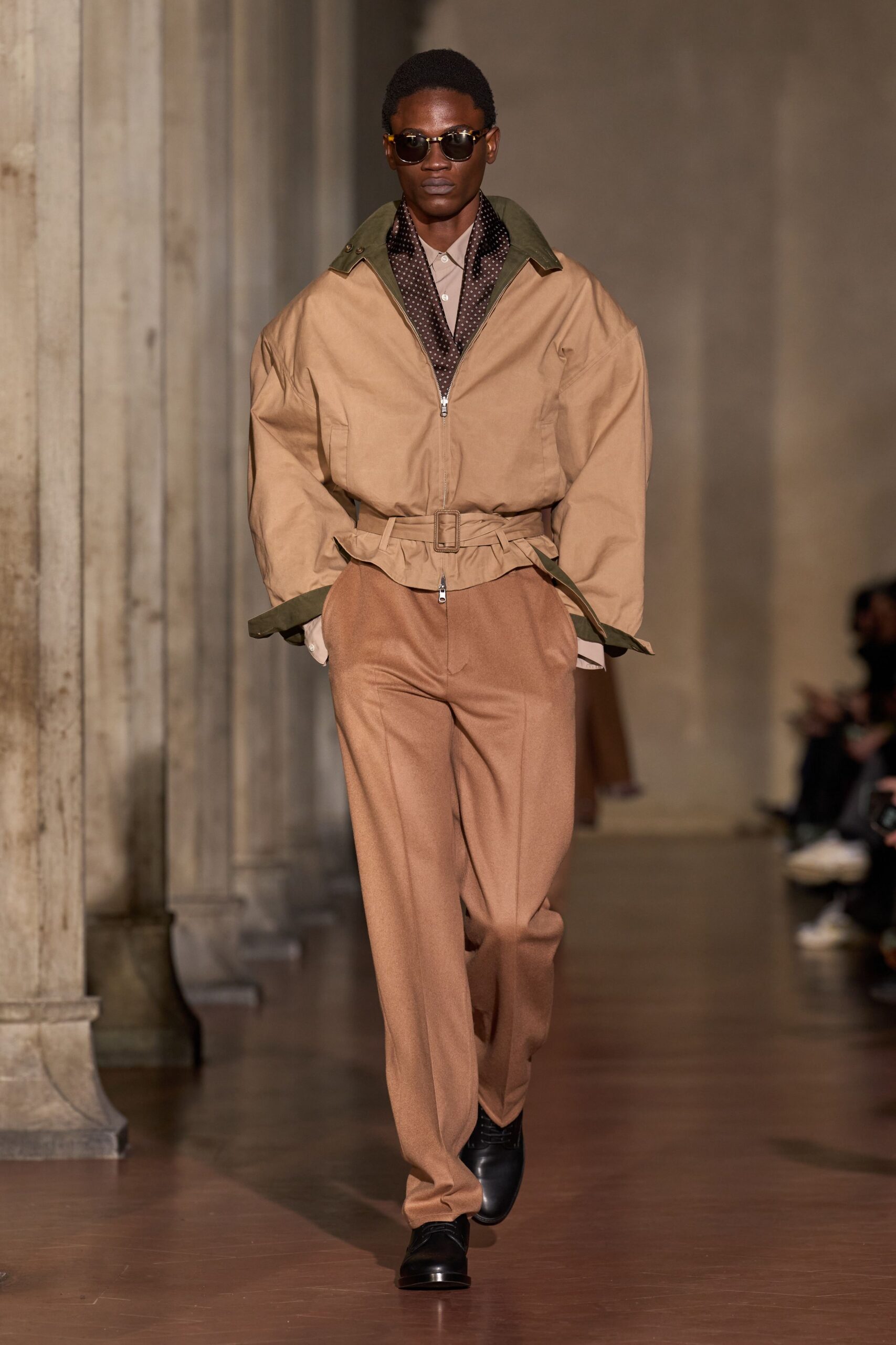 brown cotton long-sleeve collared oversized zippered belted jacket