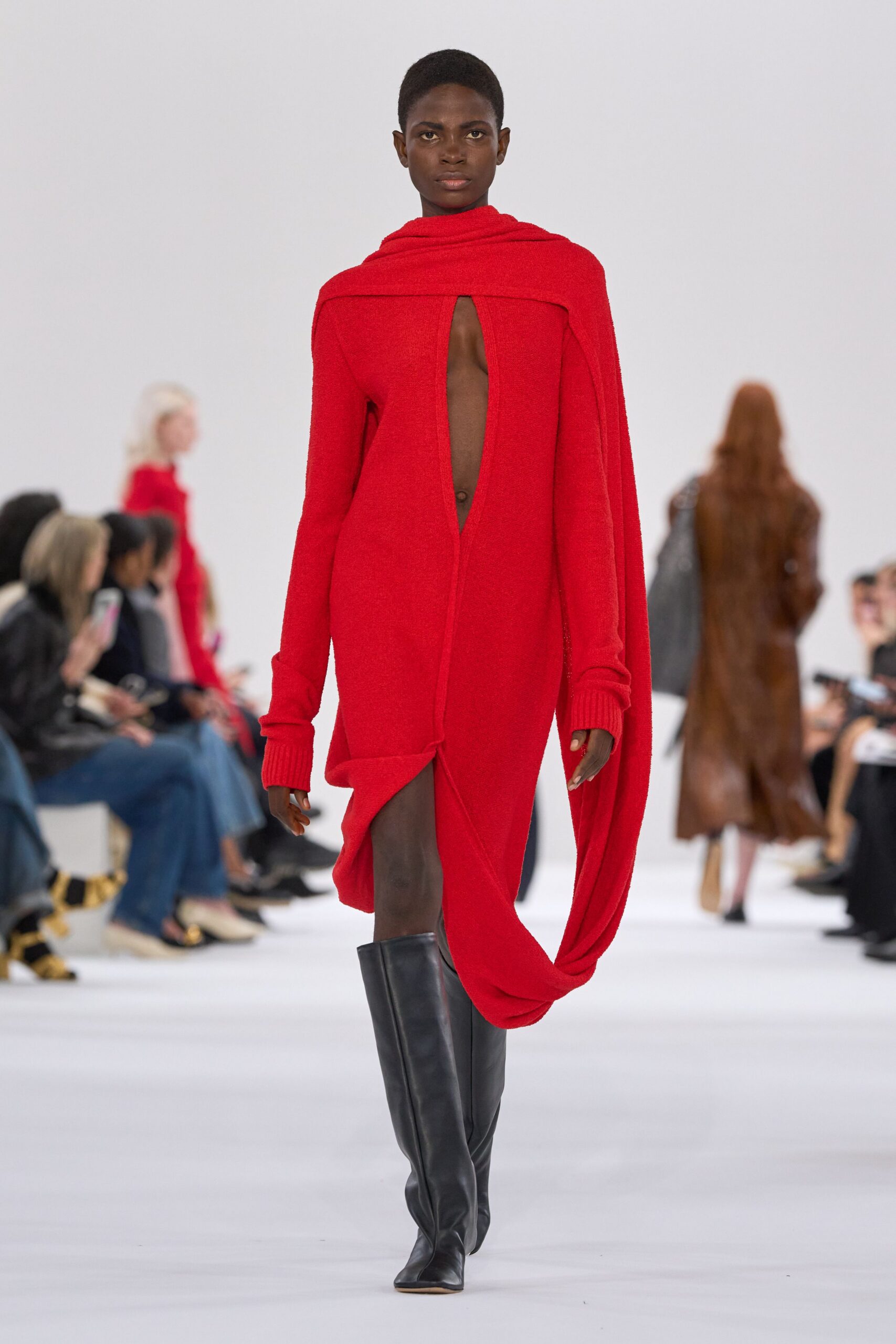 red wool long-sleeve v-neck fitted draped midi dress