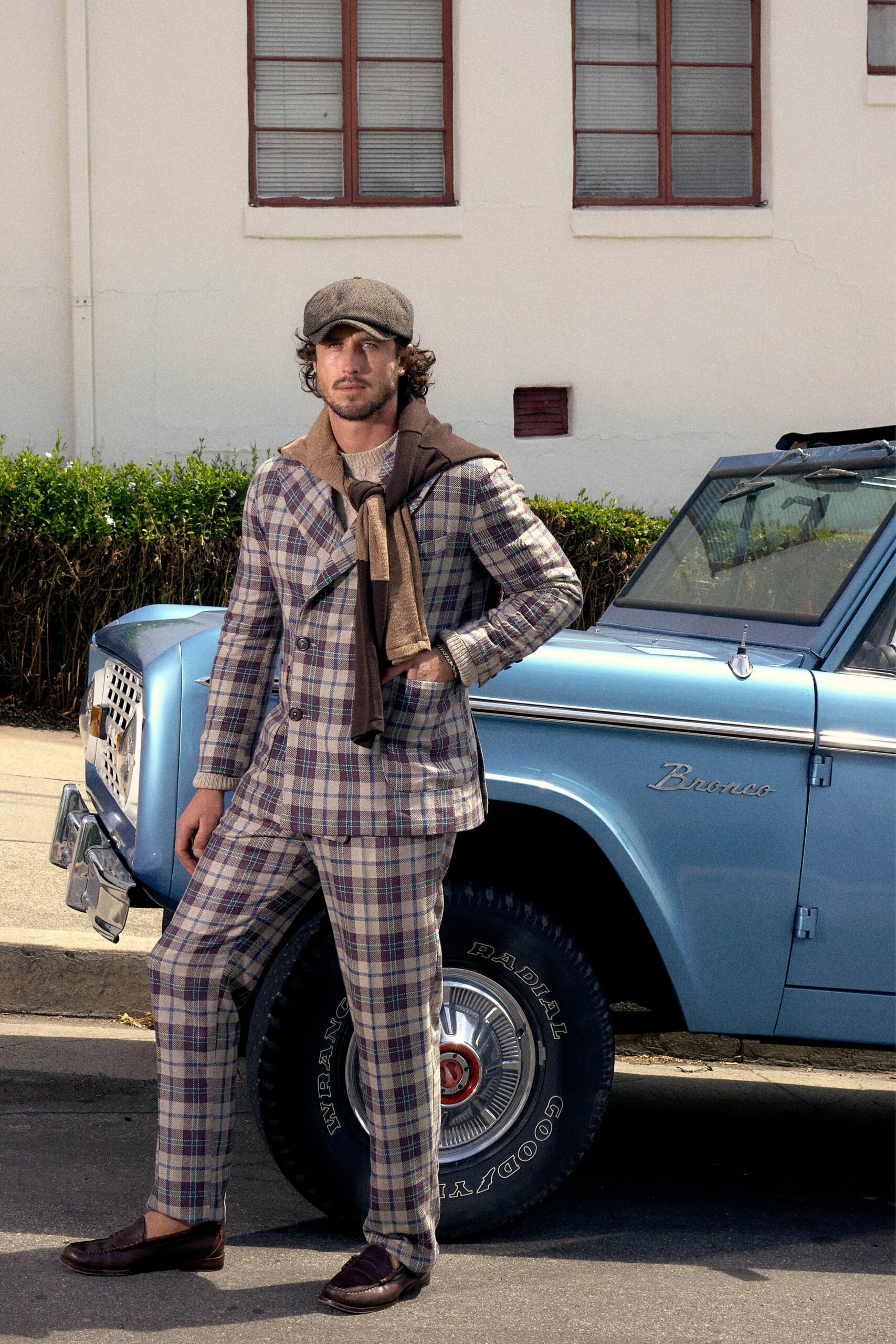 beige checked tailored suit
