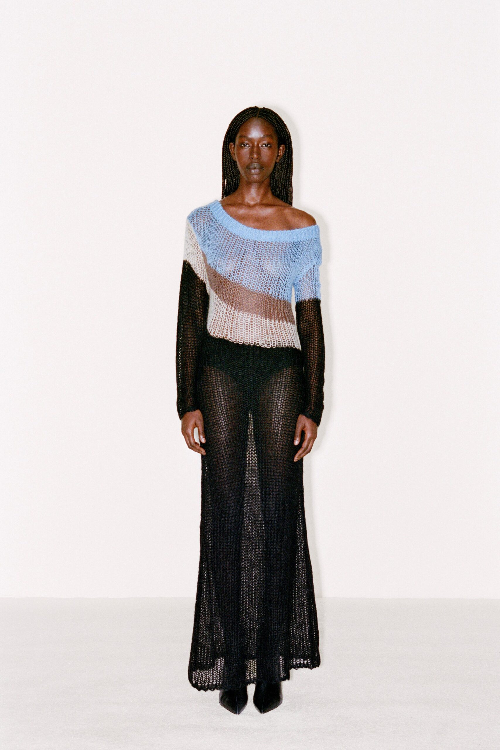 black knit fitted straight-leg sheer maxi pants