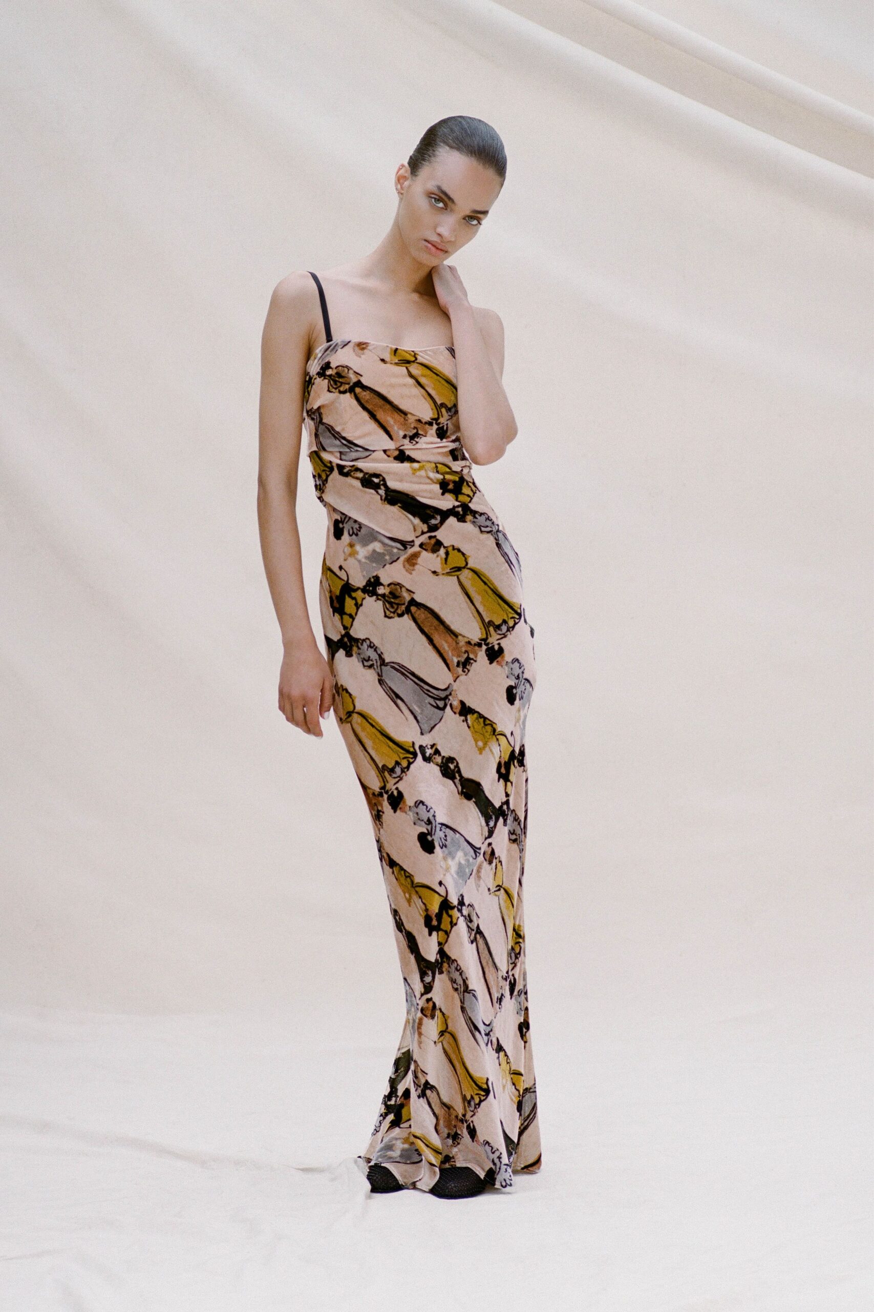 peach printed off-shoulder gown
