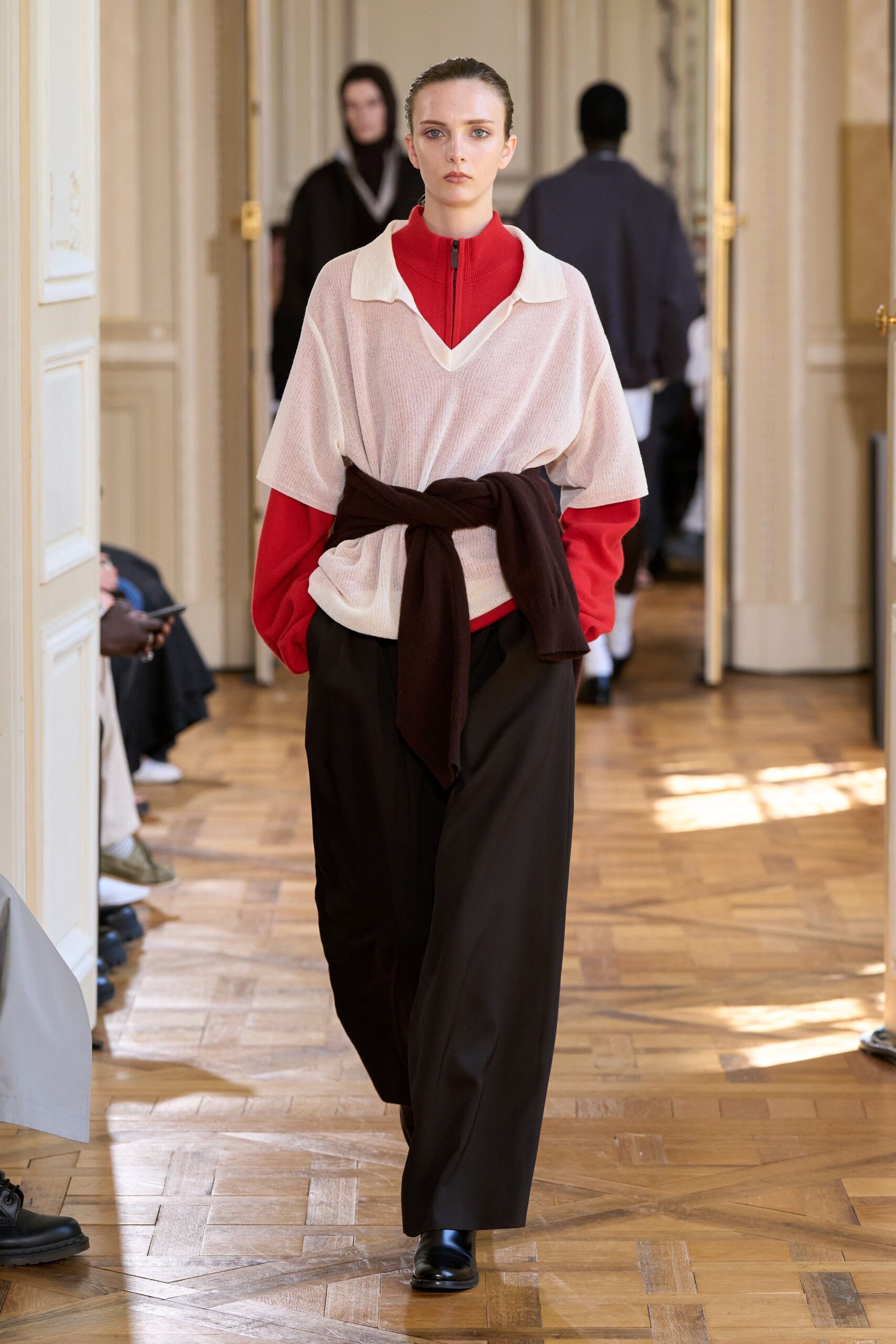 relaxed white and red top with wide-leg pants