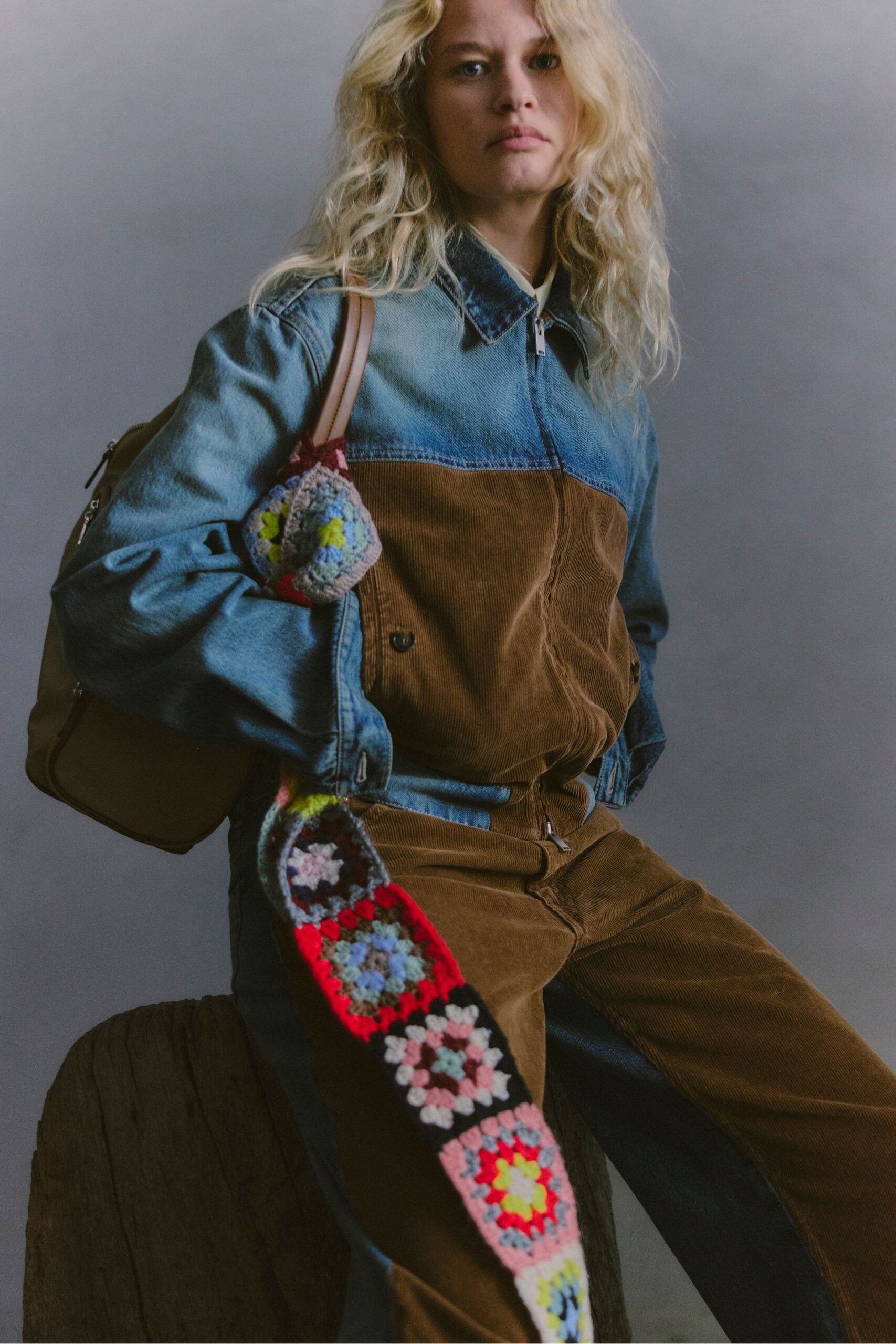 blue denim long-sleeve collared fitted zippered color-blocked jumpsuit