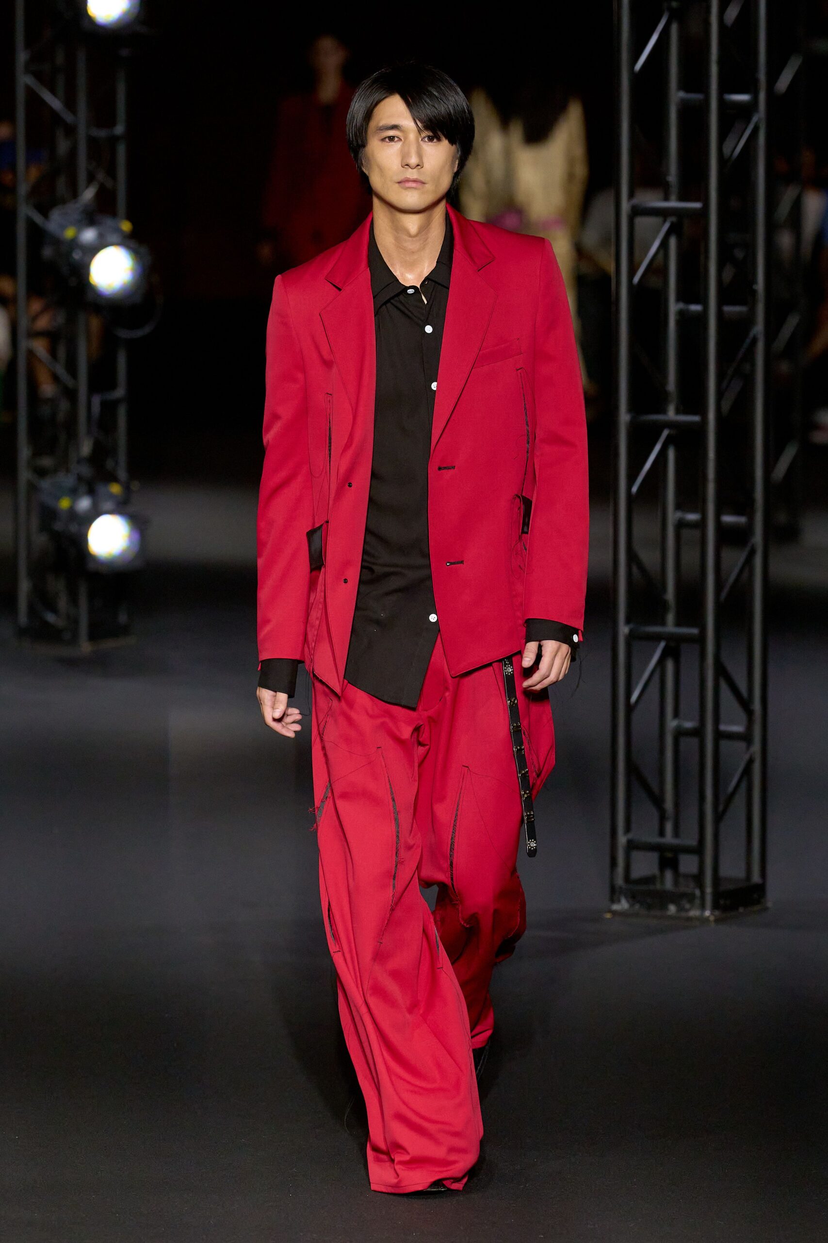 red long-sleeve collared relaxed zippered suit