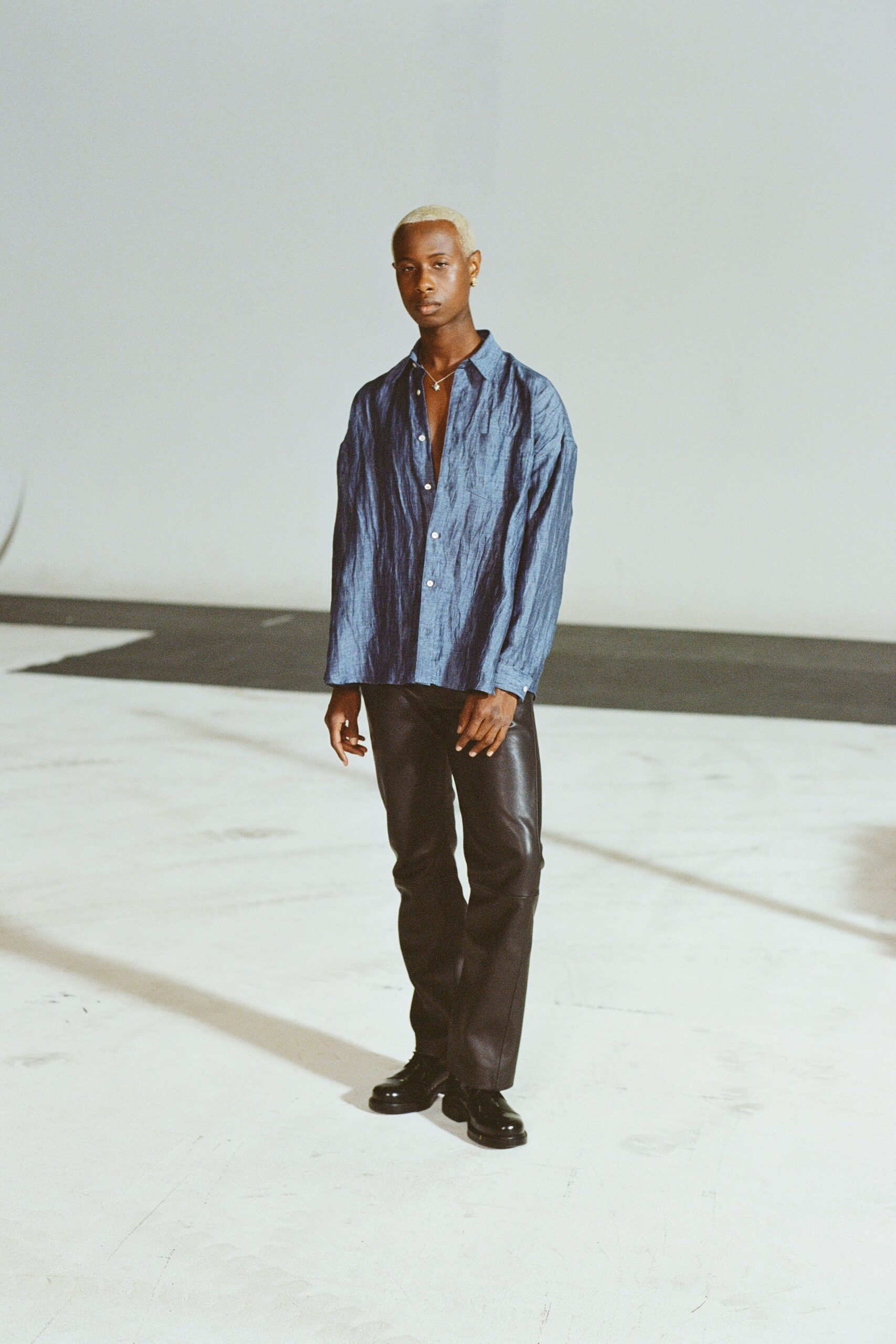 blue cotton long-sleeve collared relaxed textured shirt