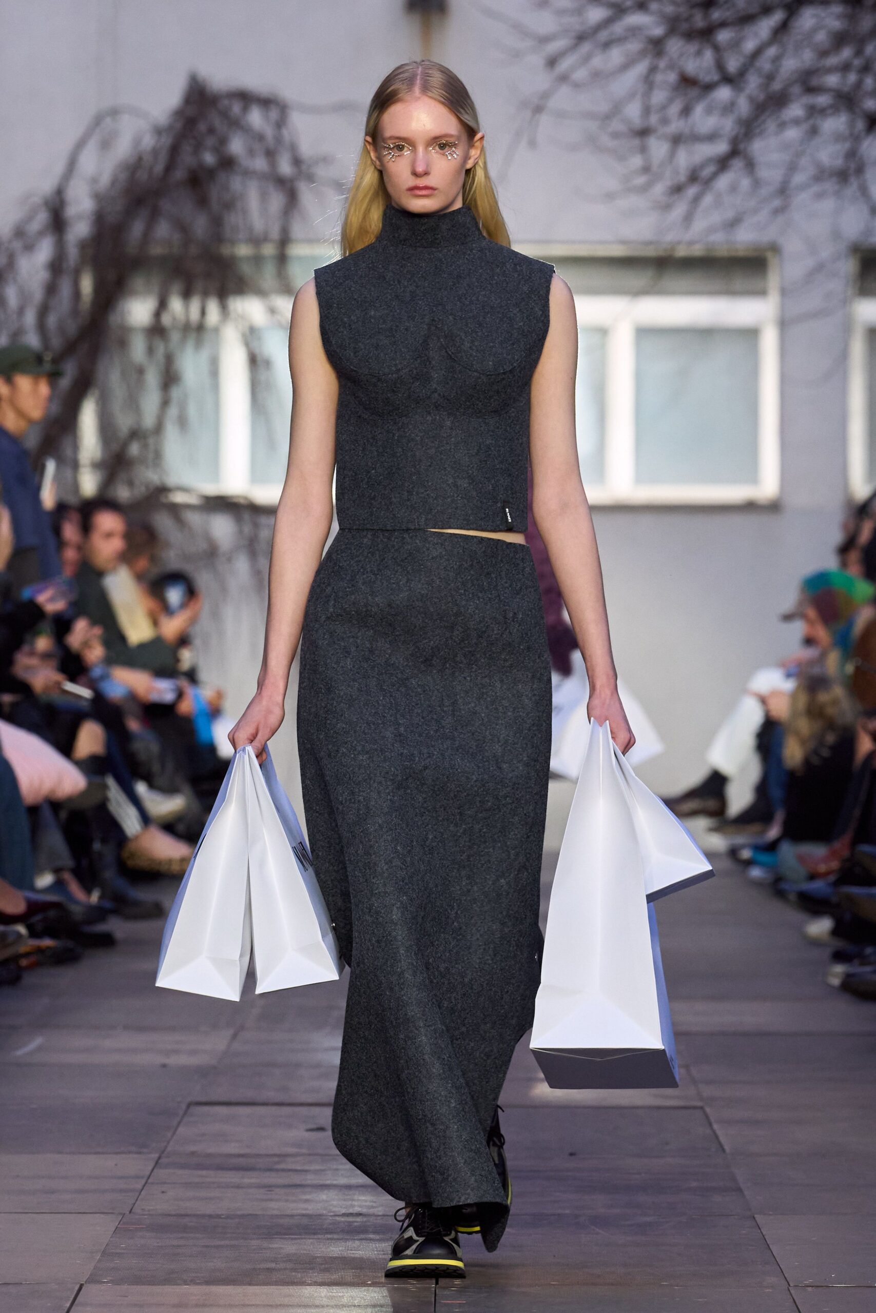 gray wool sleeveless high-neck fitted straight-leg maxi dress