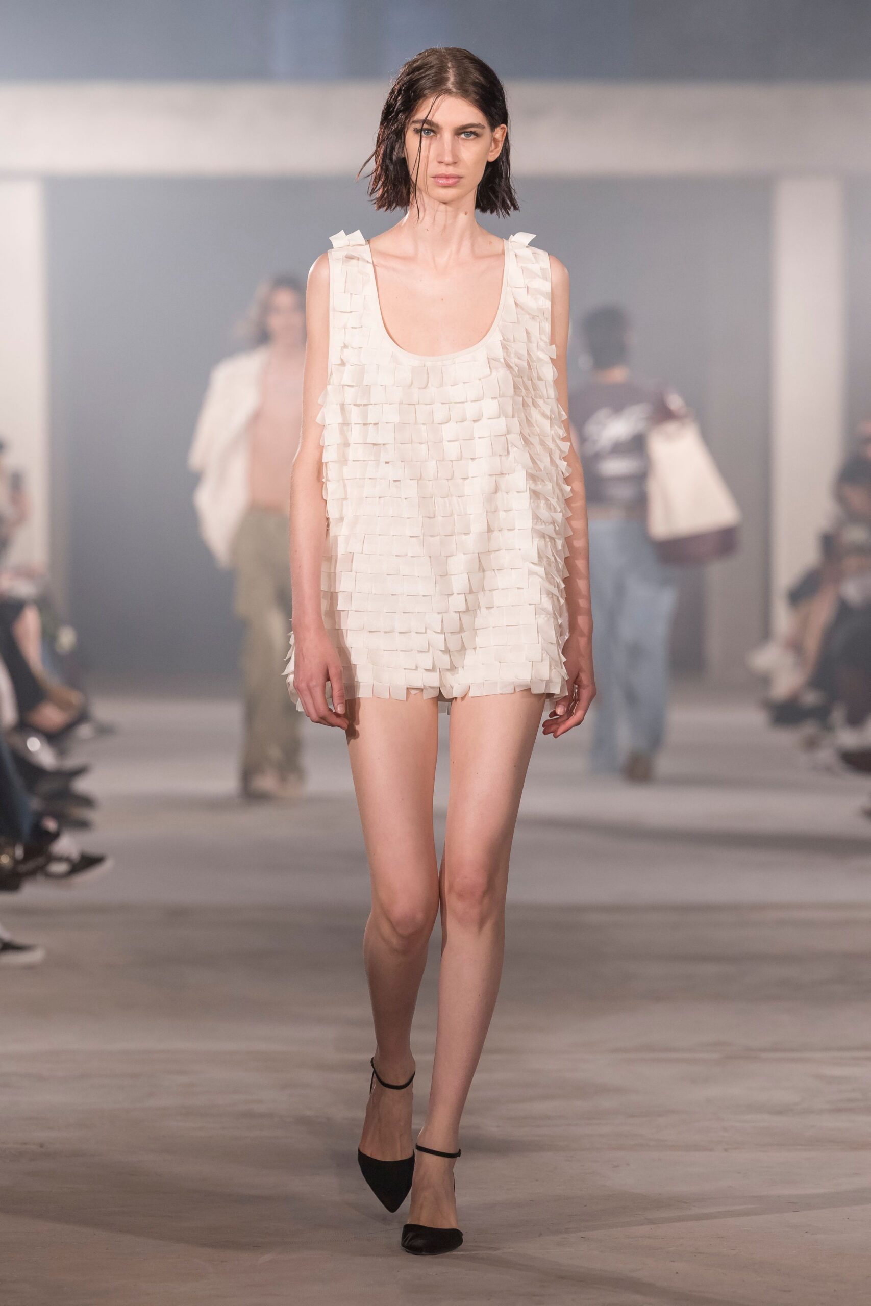 white cotton sleeveless scoop-neck fitted fringed short romper