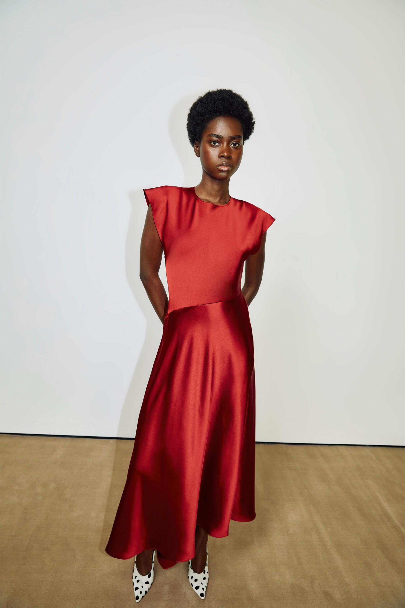 red silk sleeveless fitted a-line shiny midi dress