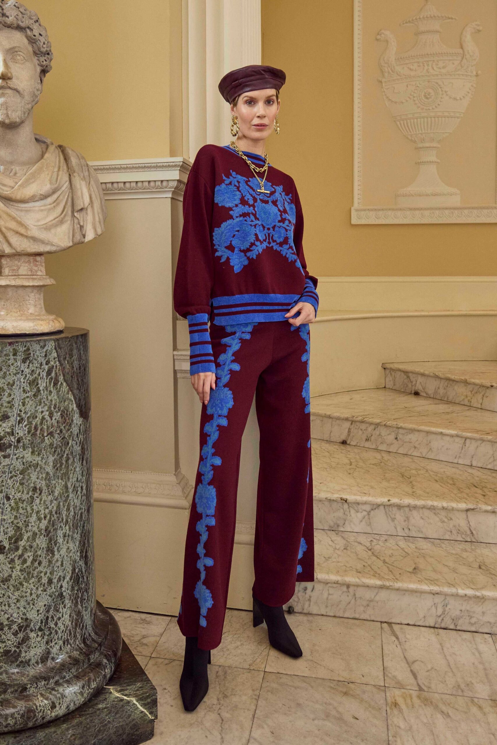 maroon embroidered sweater and pants
