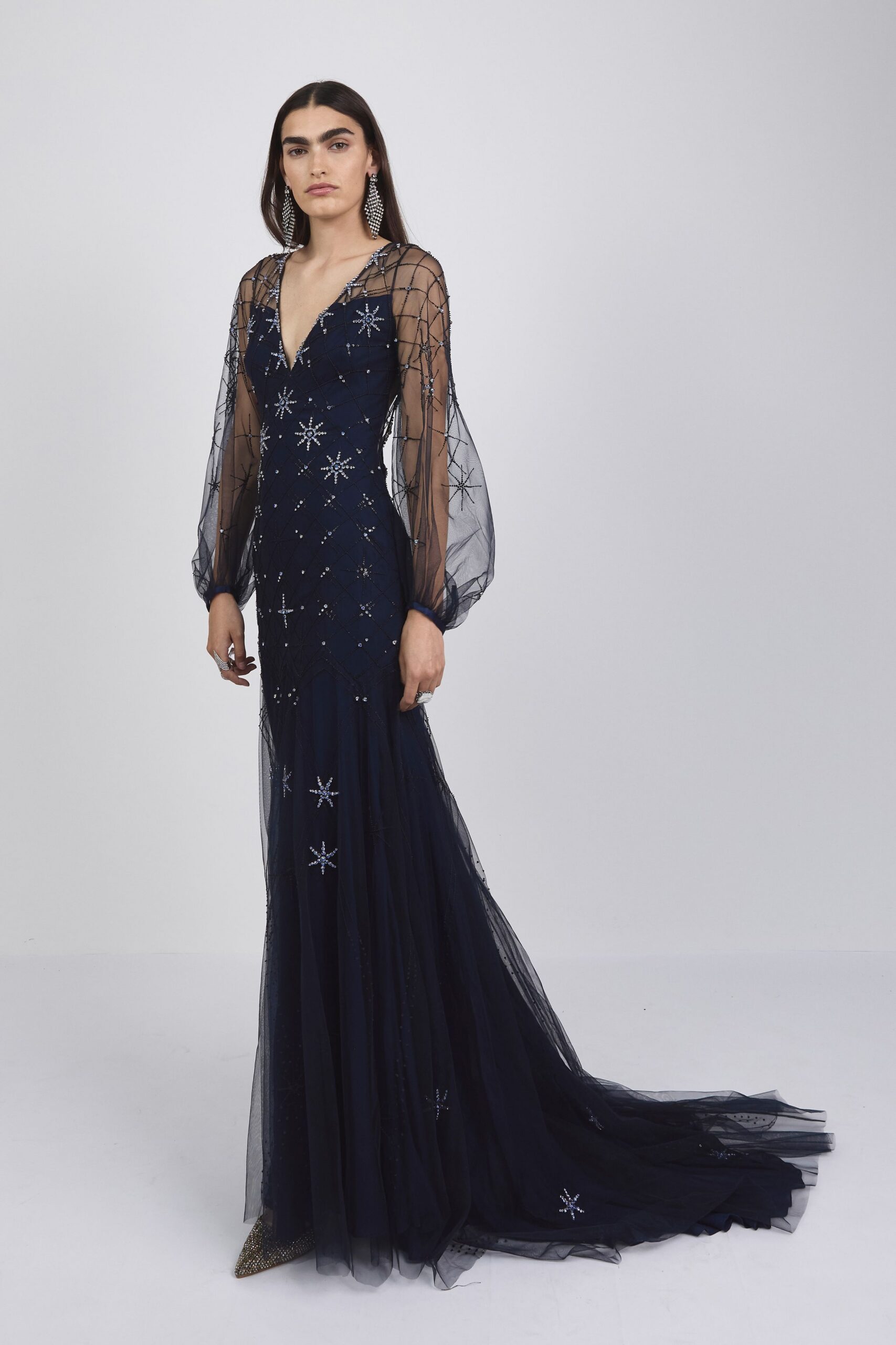 navy embroidered long-sleeve gown