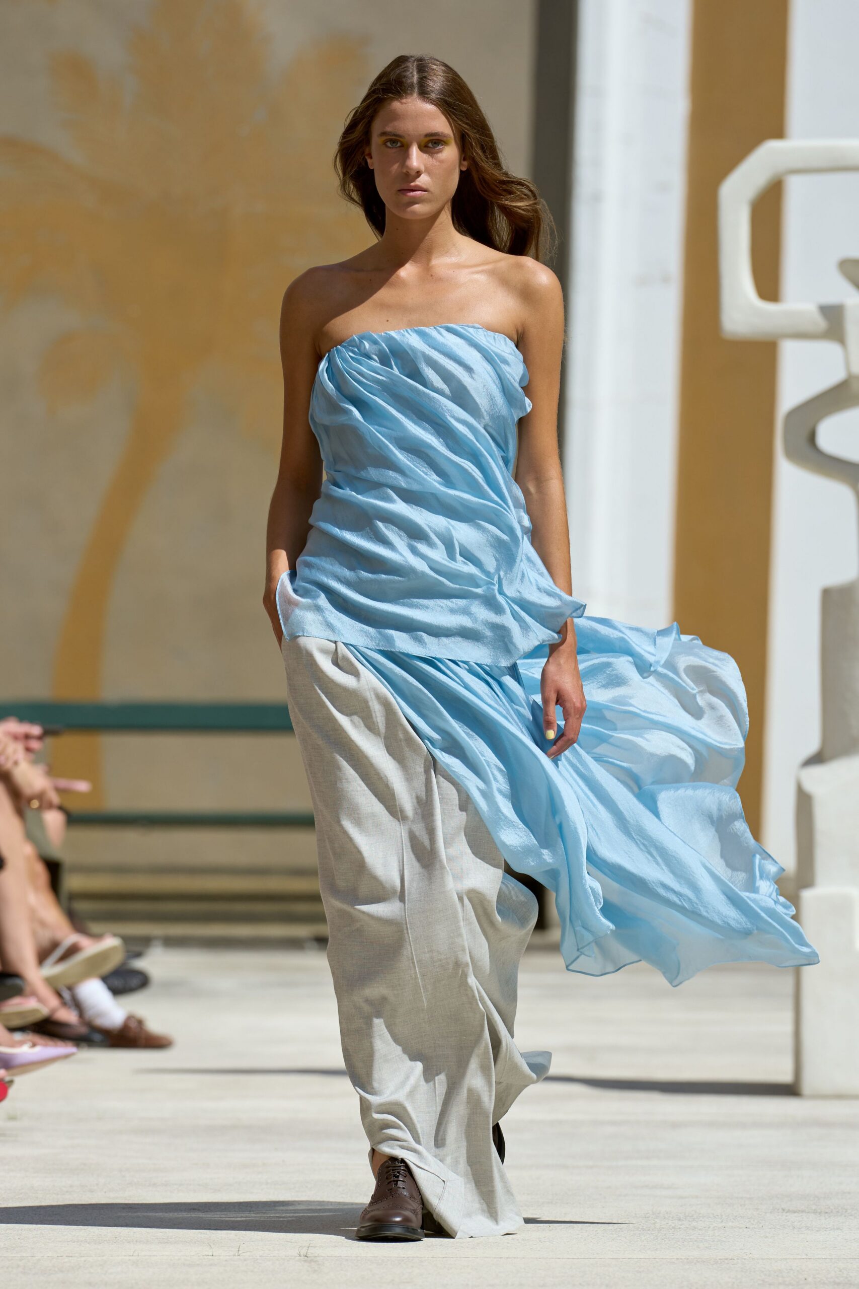 blue silk strapless fitted draped flowing maxi gown