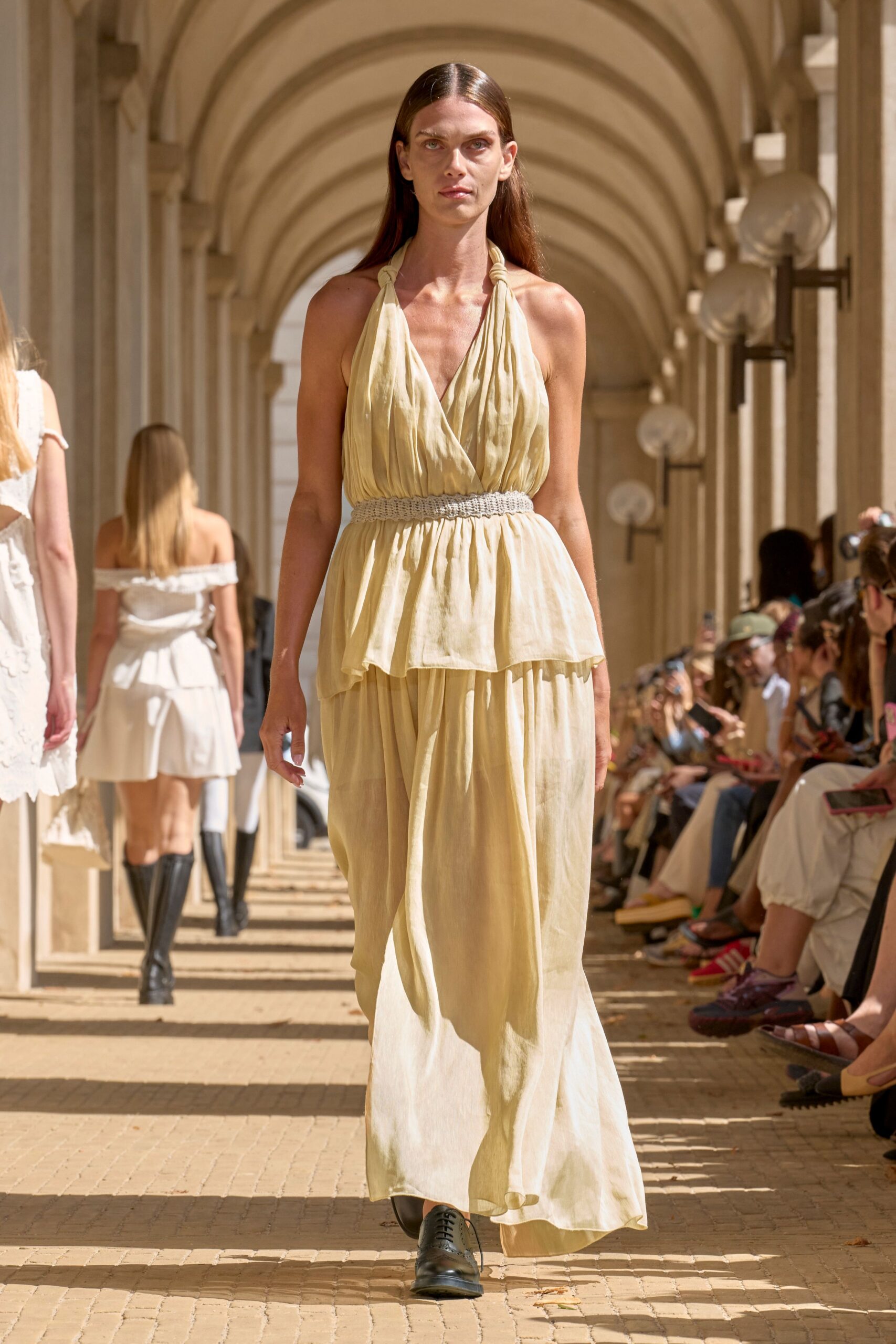 yellow cotton sleeveless halter relaxed layered maxi dress