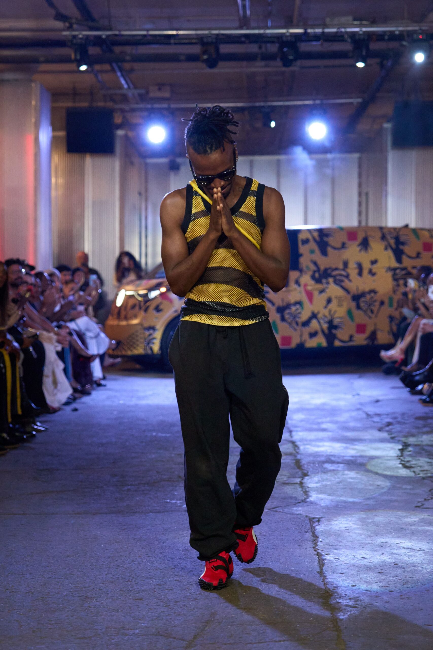 yellow black striped tank-top with relaxed pants