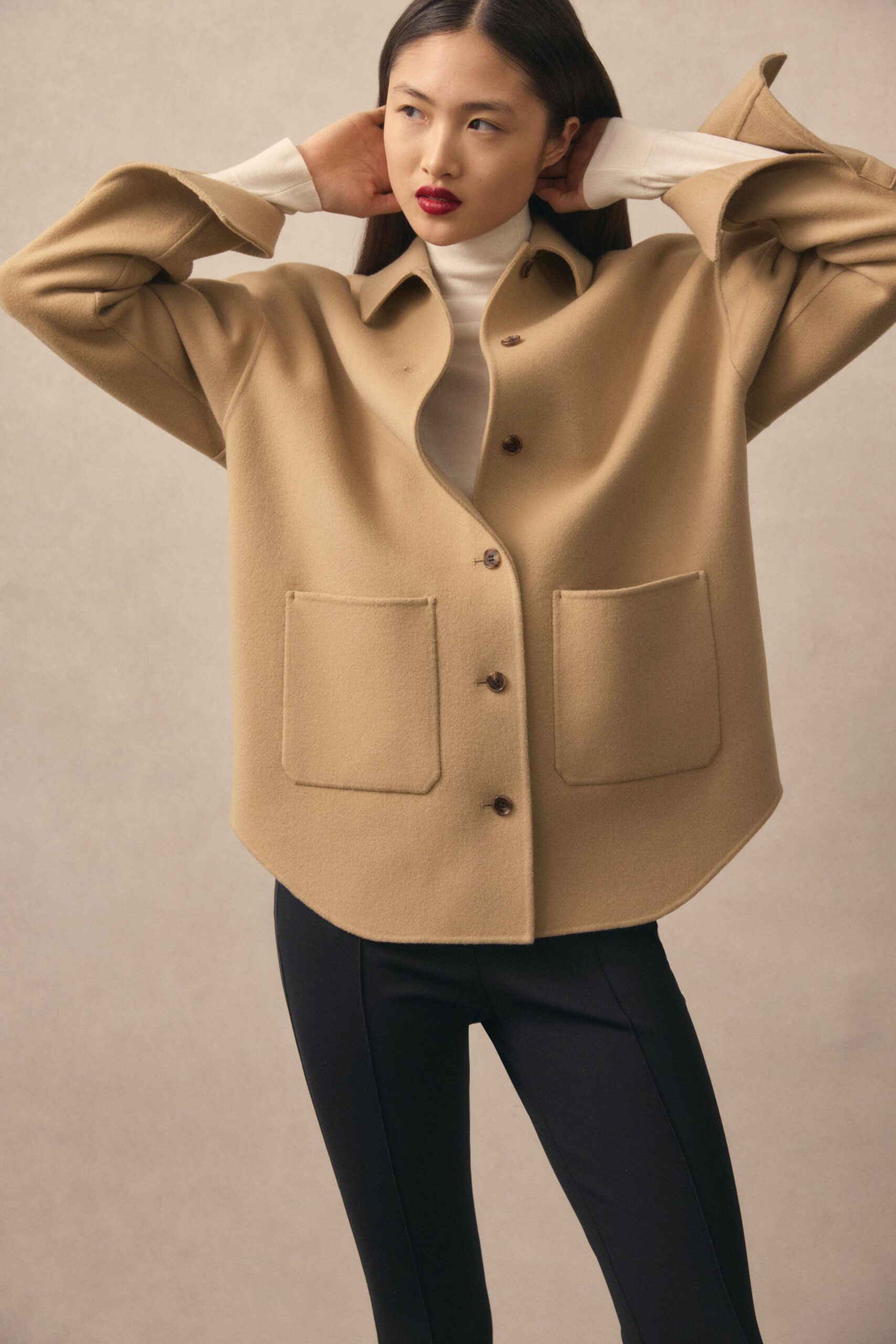 beige wool long-sleeve collared relaxed buttoned pockets jacket