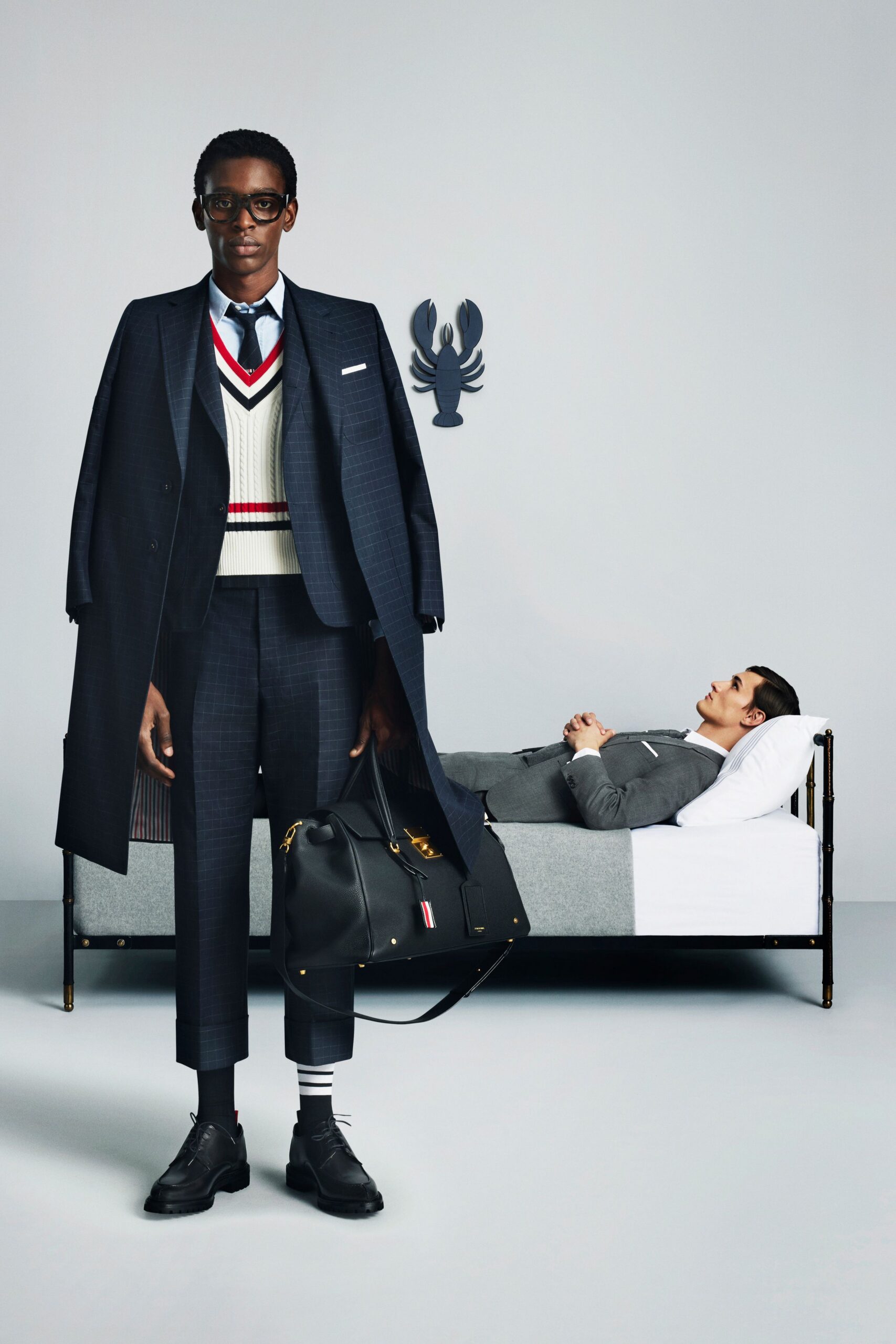 black wool long-sleeve collared tailored checked buttoned coat