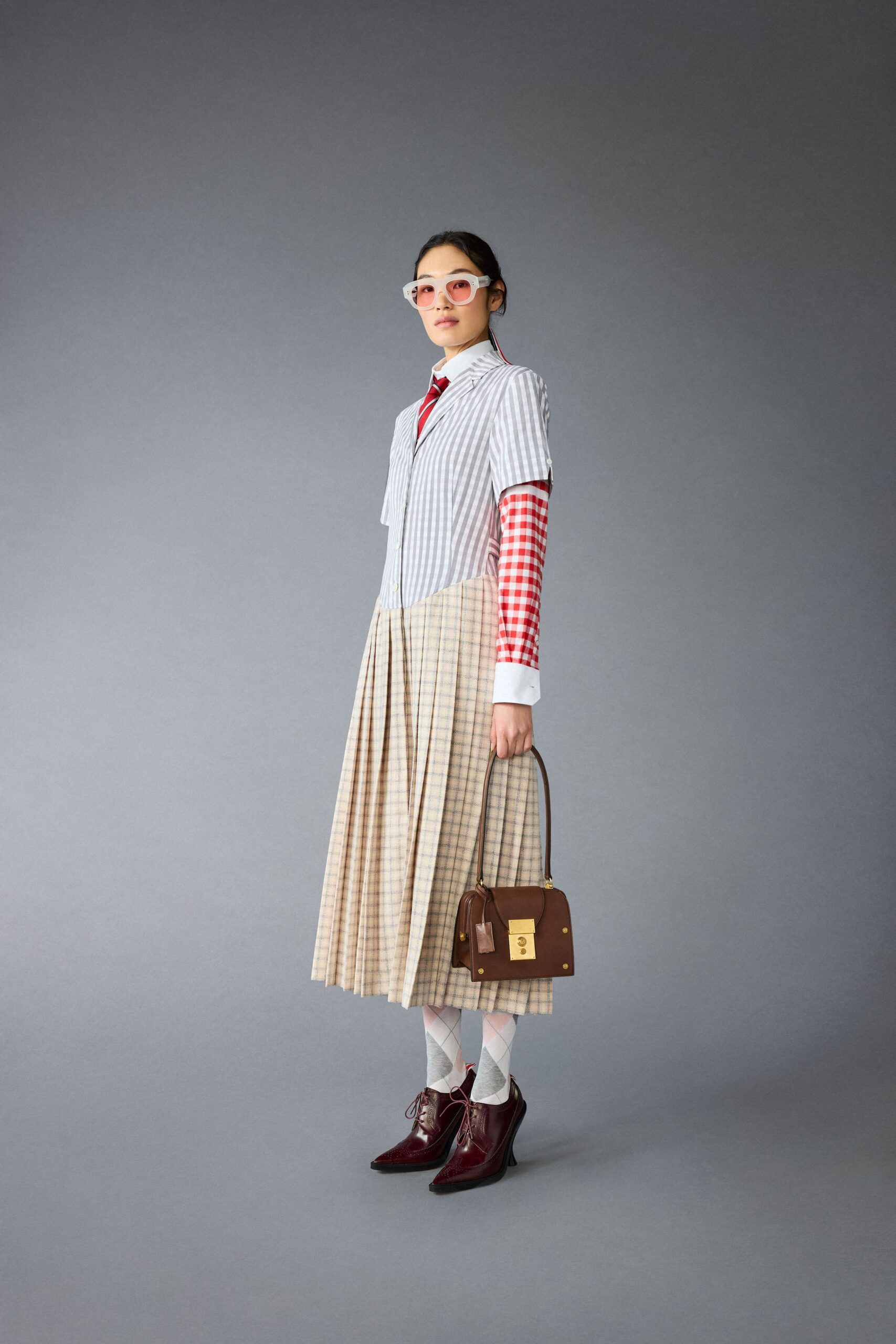 red cotton long-sleeve collared fitted checked blouse