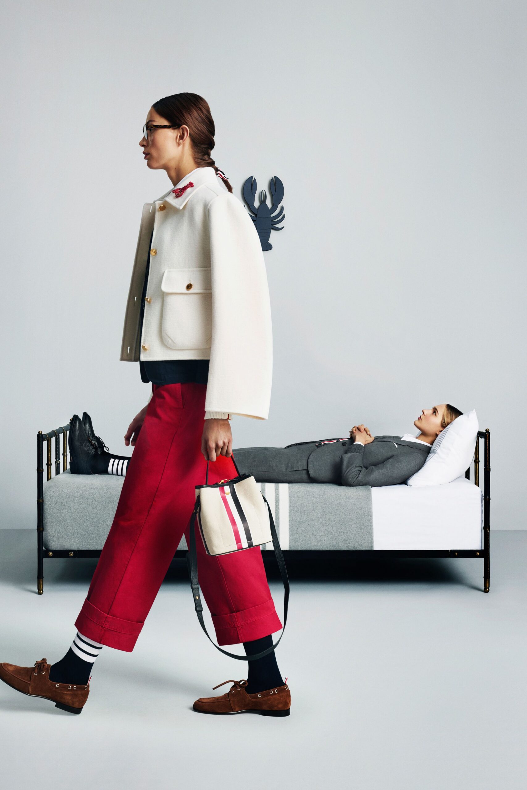 white jacket red pants
