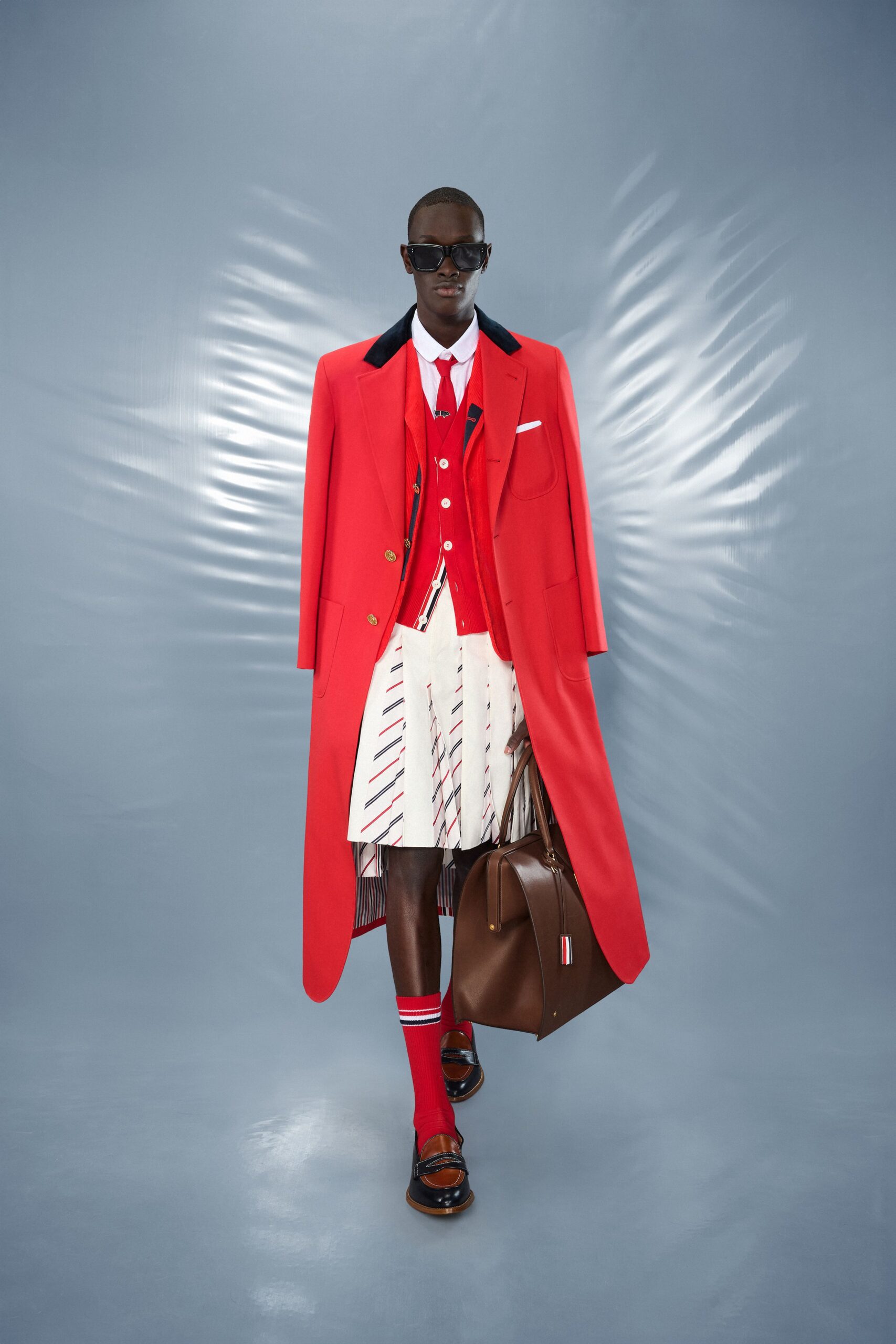 red long-sleeve collared structured buttoned coat