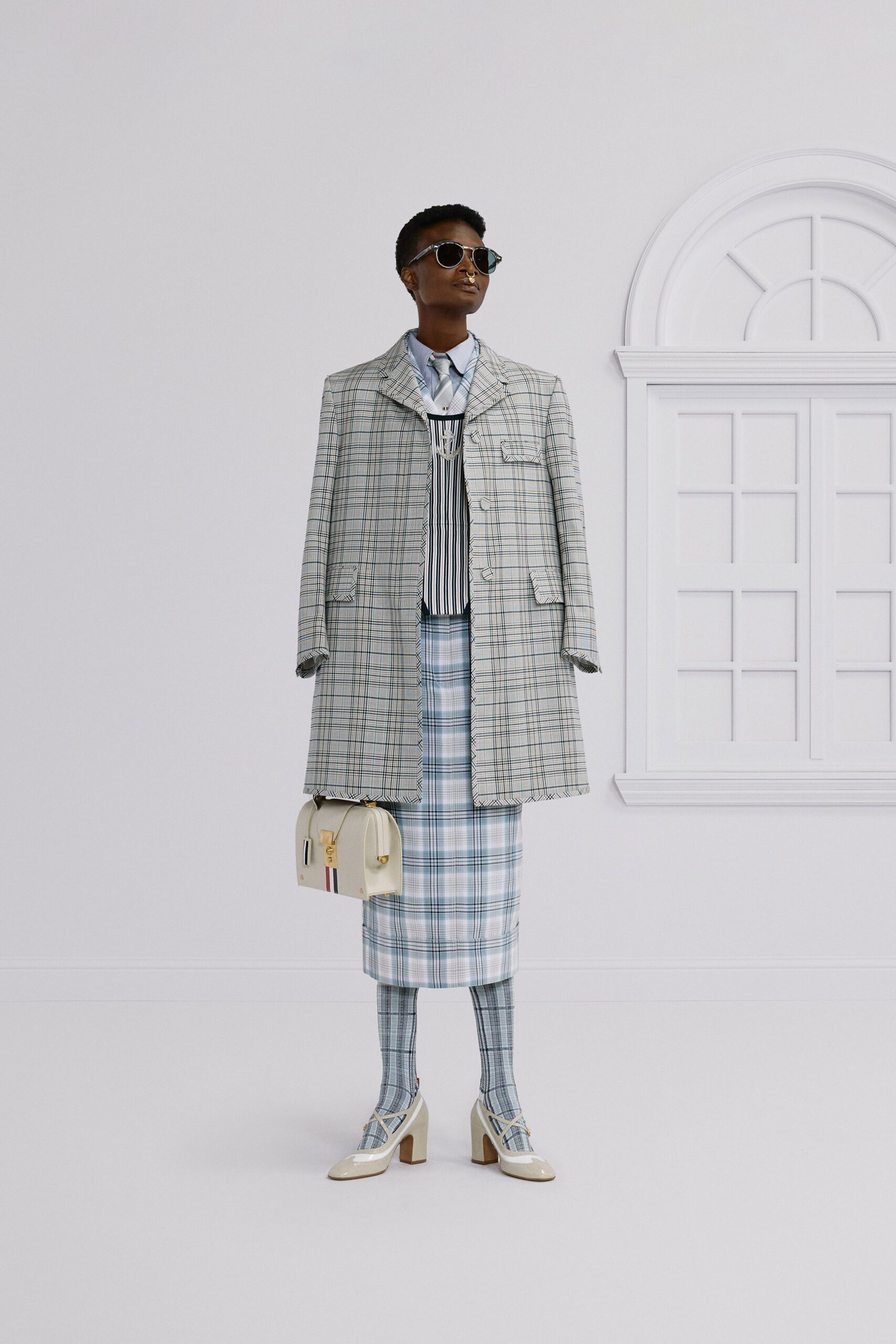 gray cotton long-sleeve collared structured checked coat