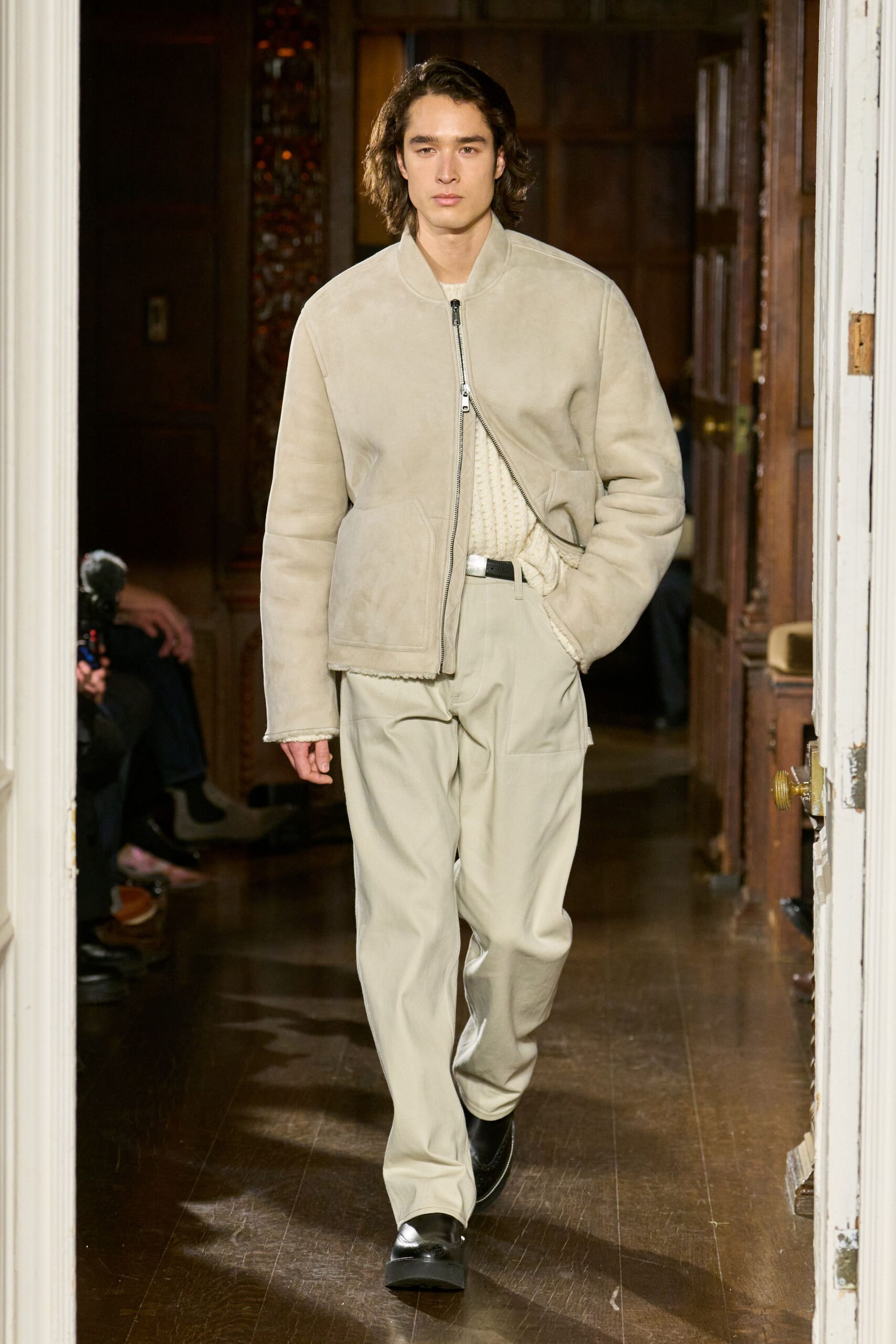 beige suede long-sleeve collared relaxed jacket