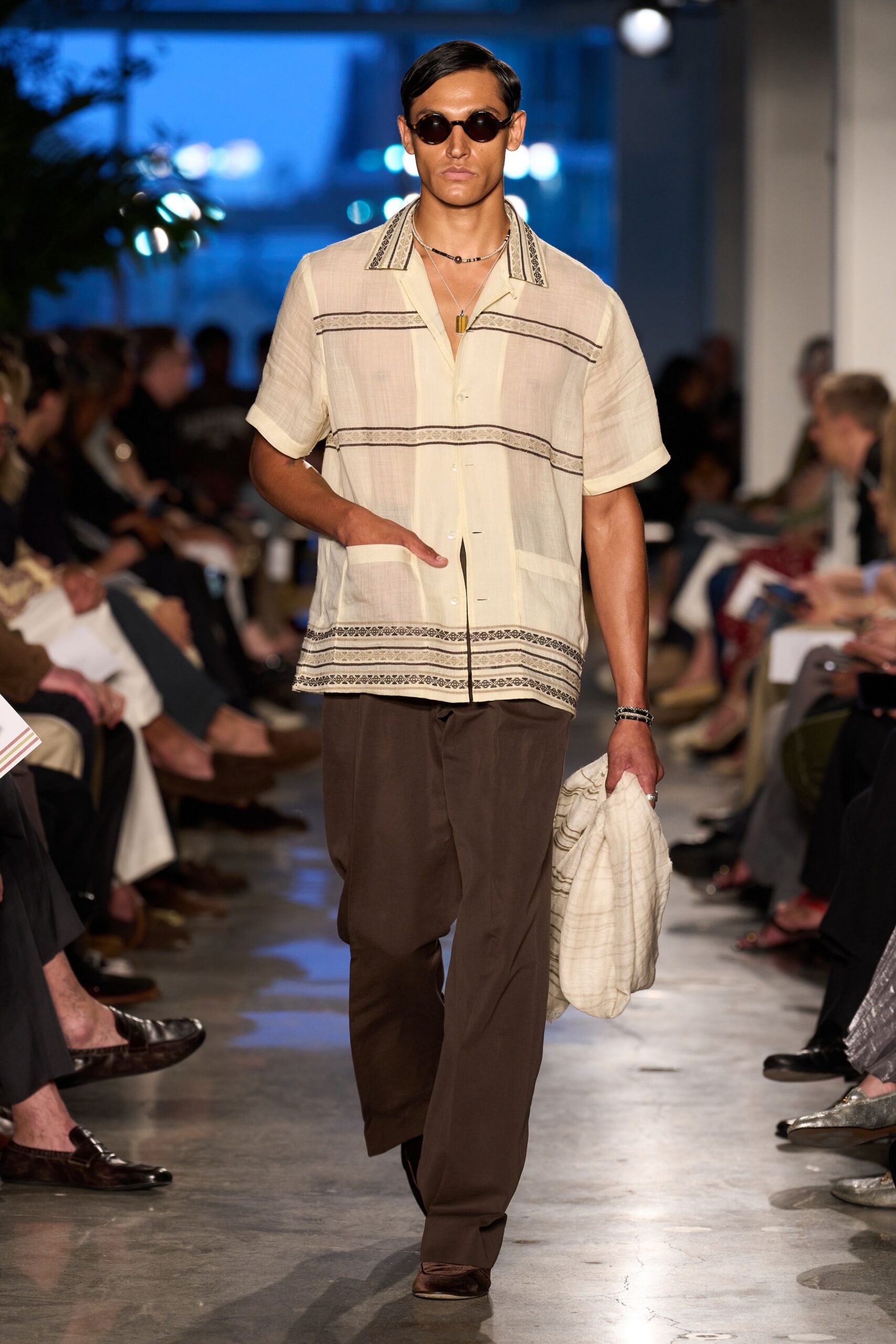 beige striped shirt with brown pants