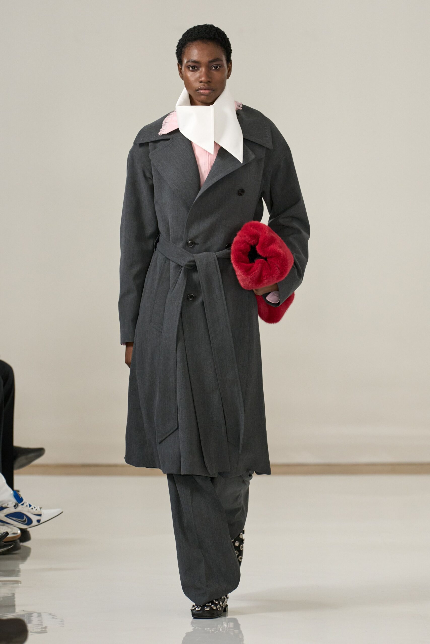 gray wool long-sleeve collared tailored belted trench