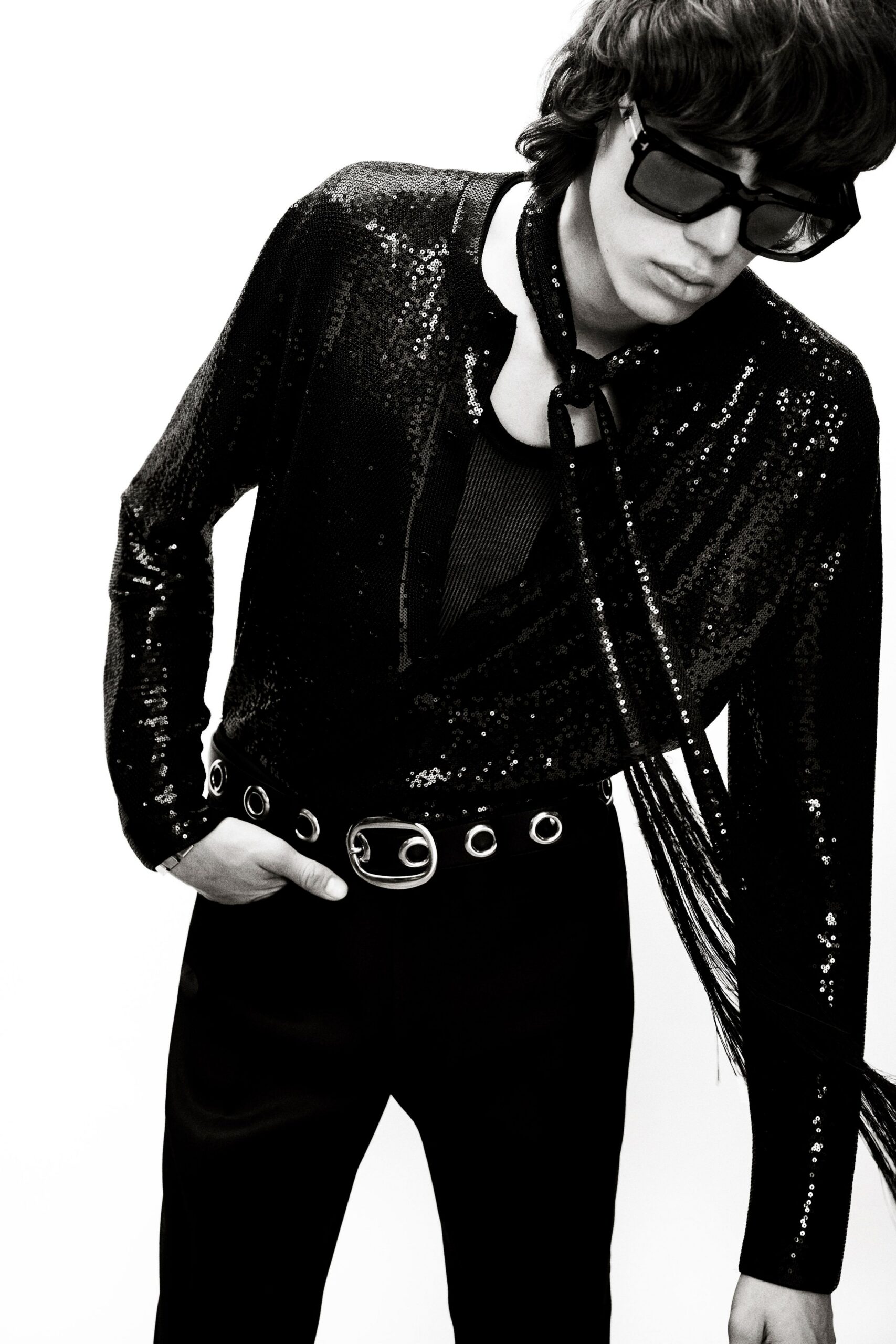 black sequin long-sleeve collared fitted buttoned shiny shirt