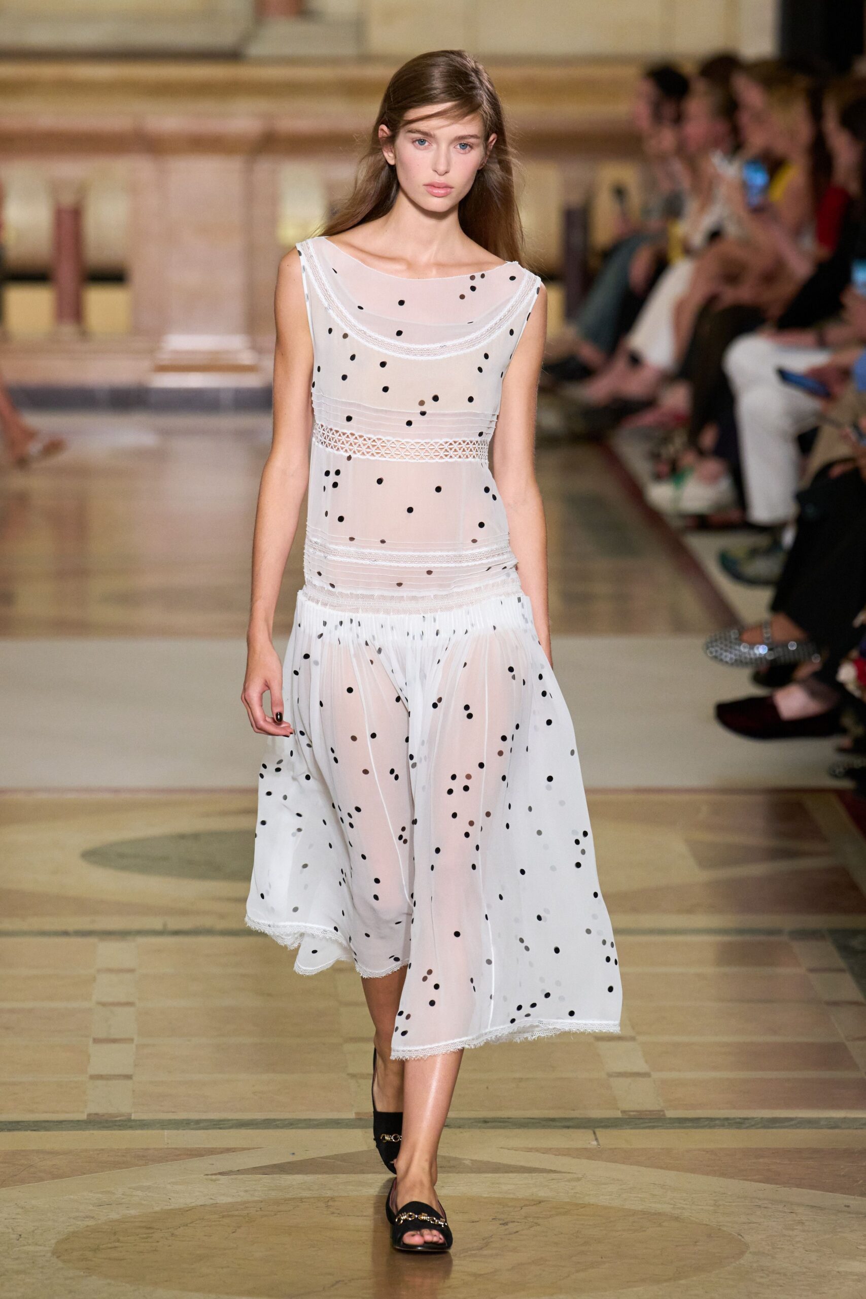 white chiffon sleeveless high-neck relaxed polka-dot tiered dress