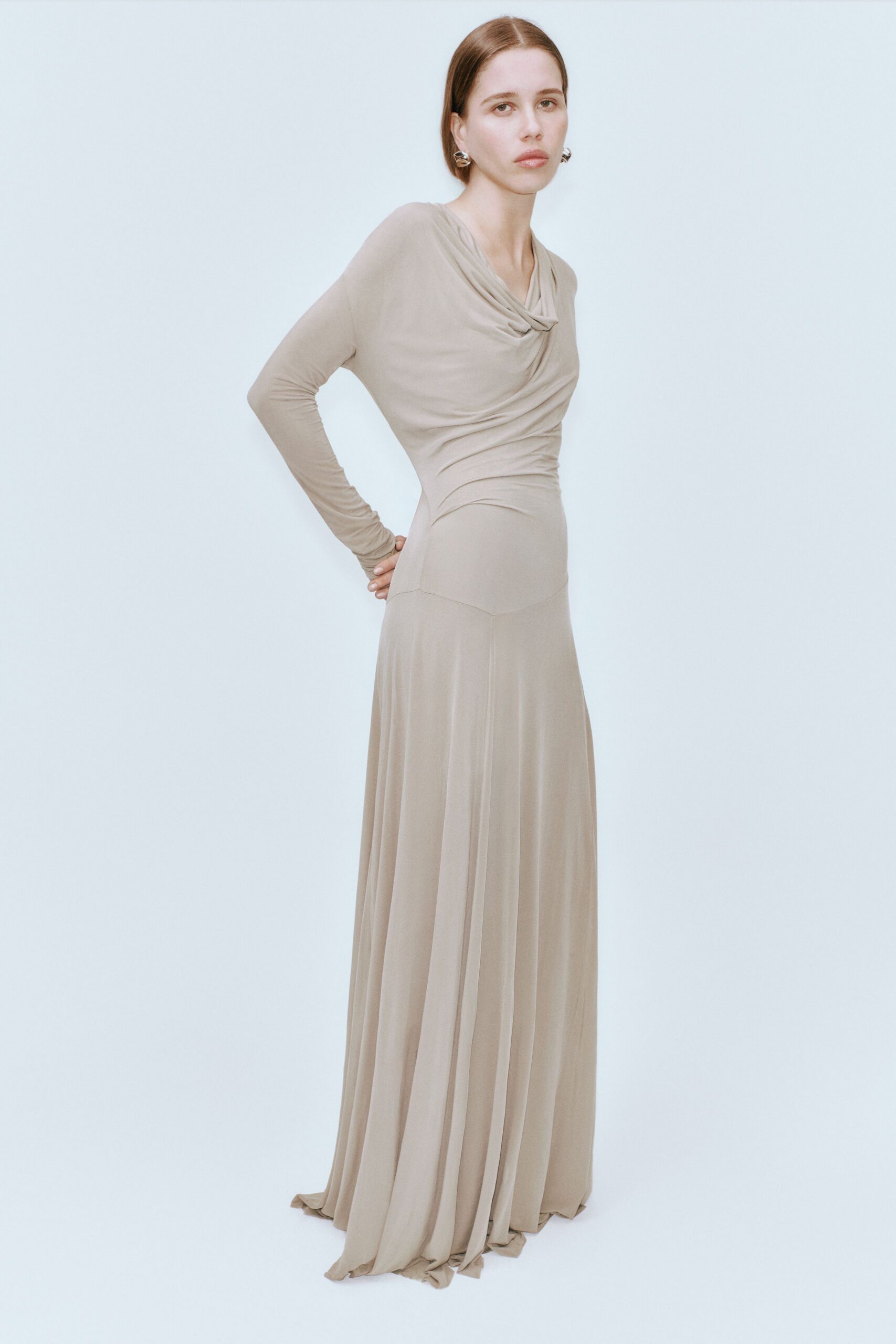 beige silk long-sleeve gown