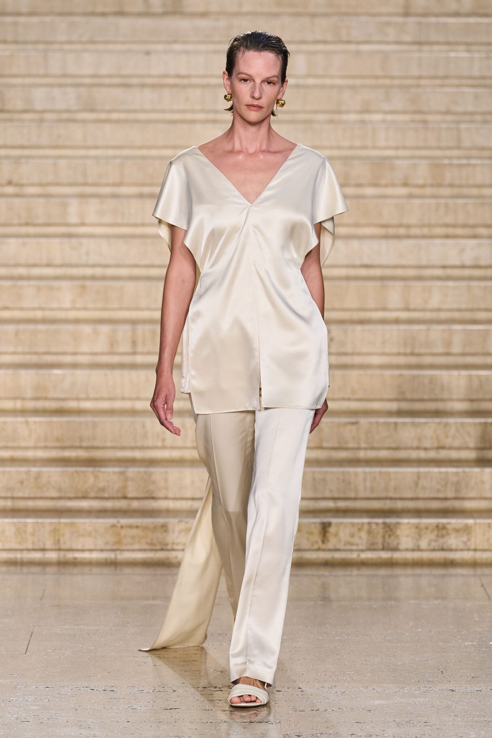 ivory silk fitted straight-leg pants