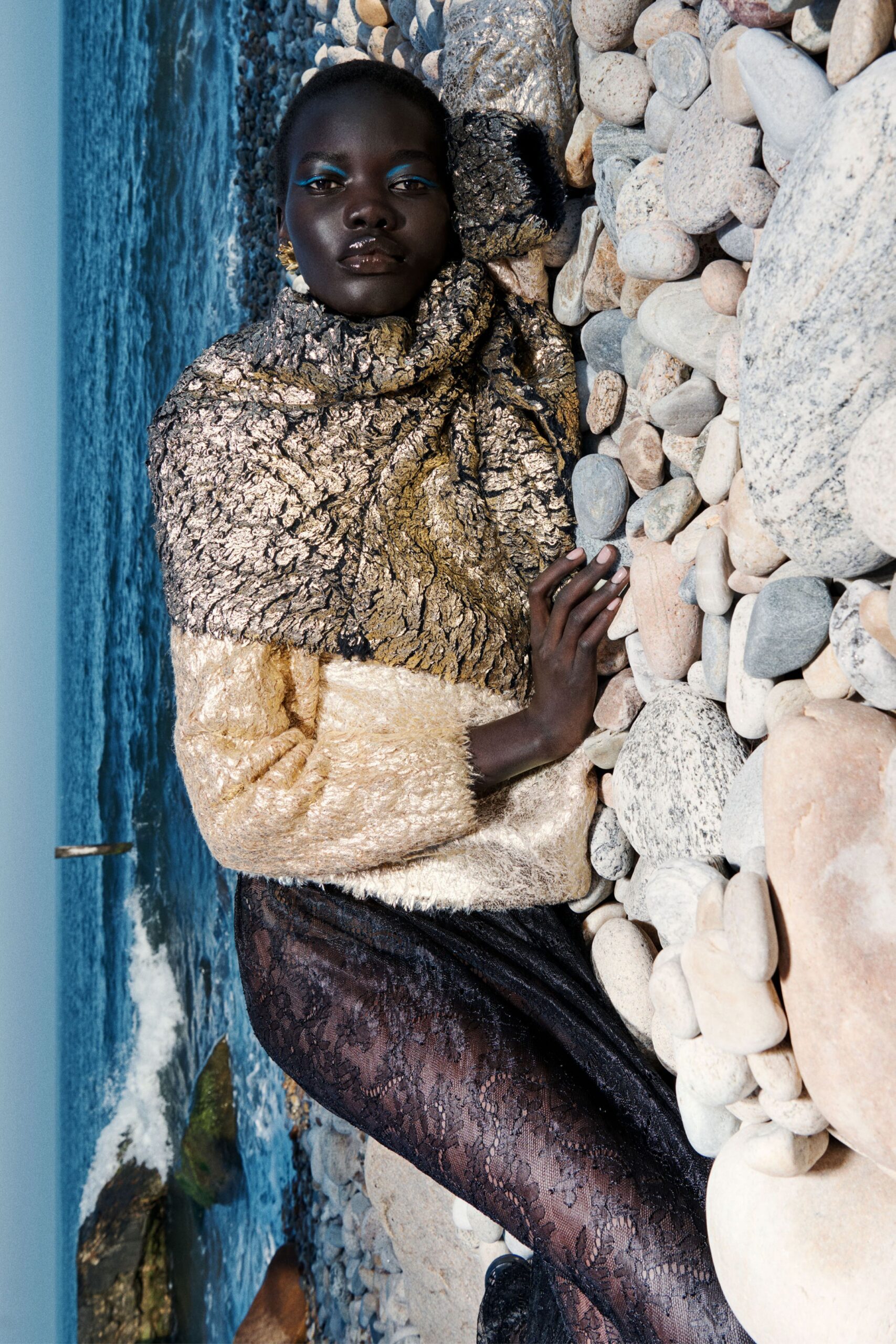 gold silk long-sleeve high-neck fitted layered shiny top
