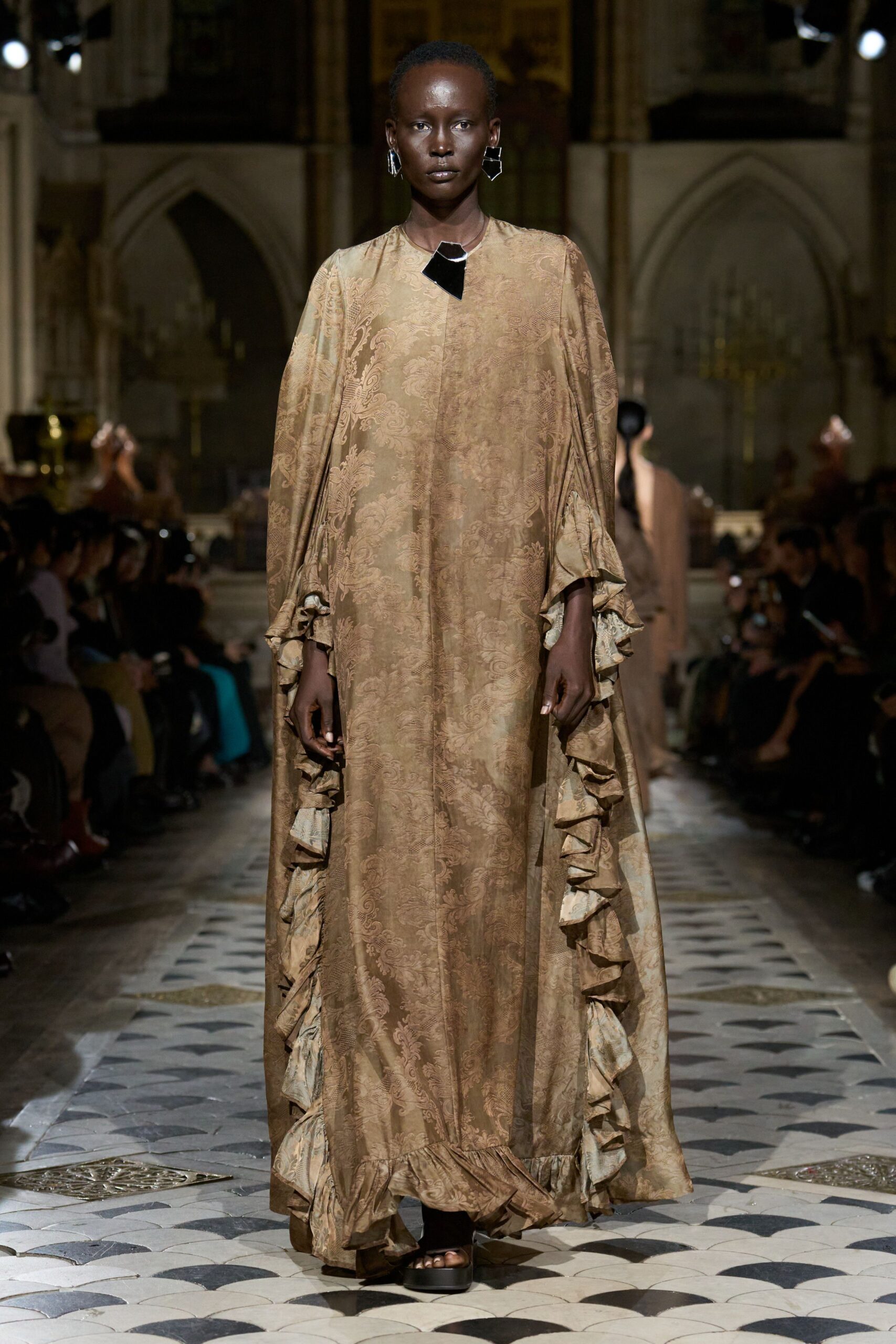brown silk long-sleeve high-neck relaxed ruffled draped gown