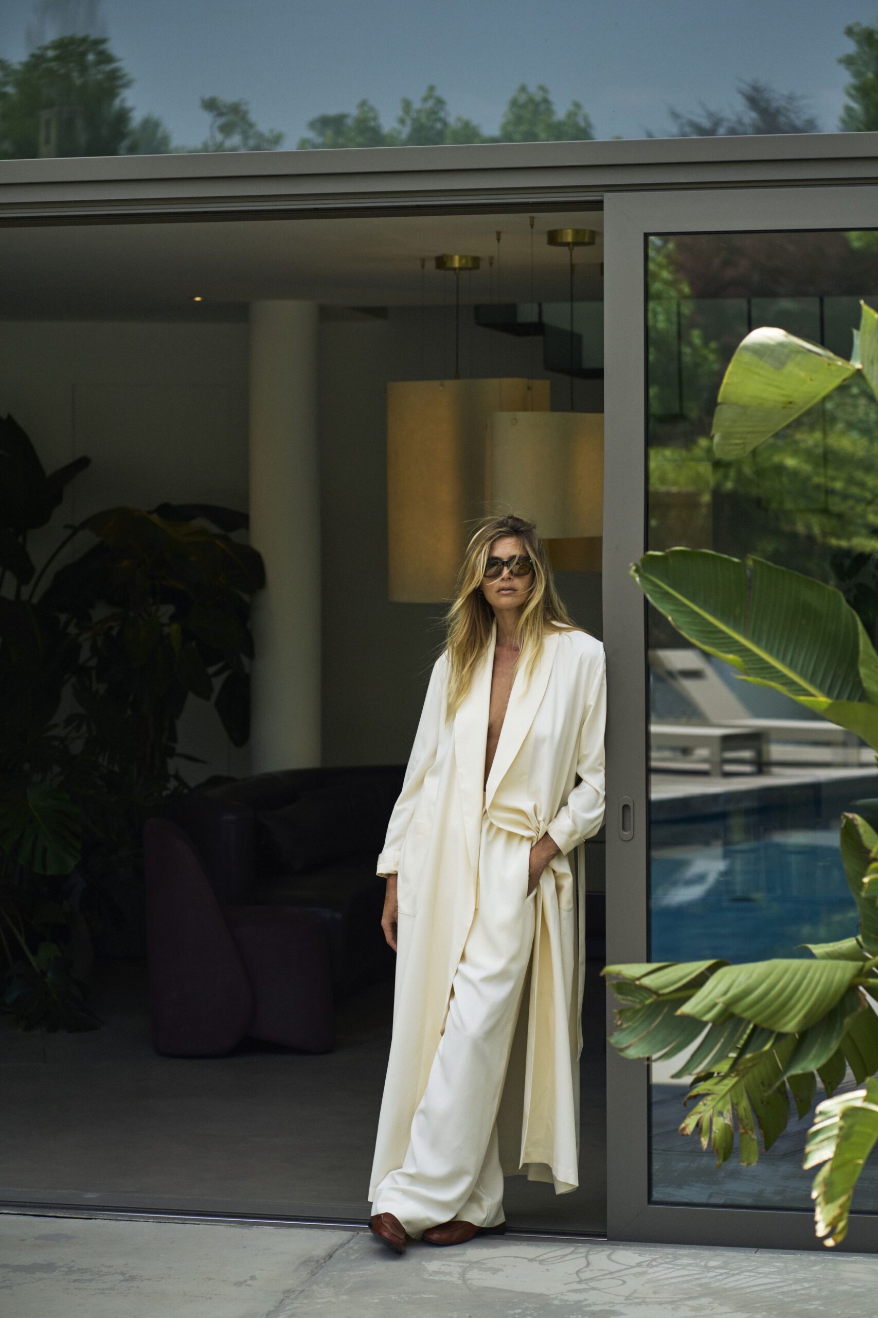 ivory silk long-sleeve v-neck relaxed belted coat