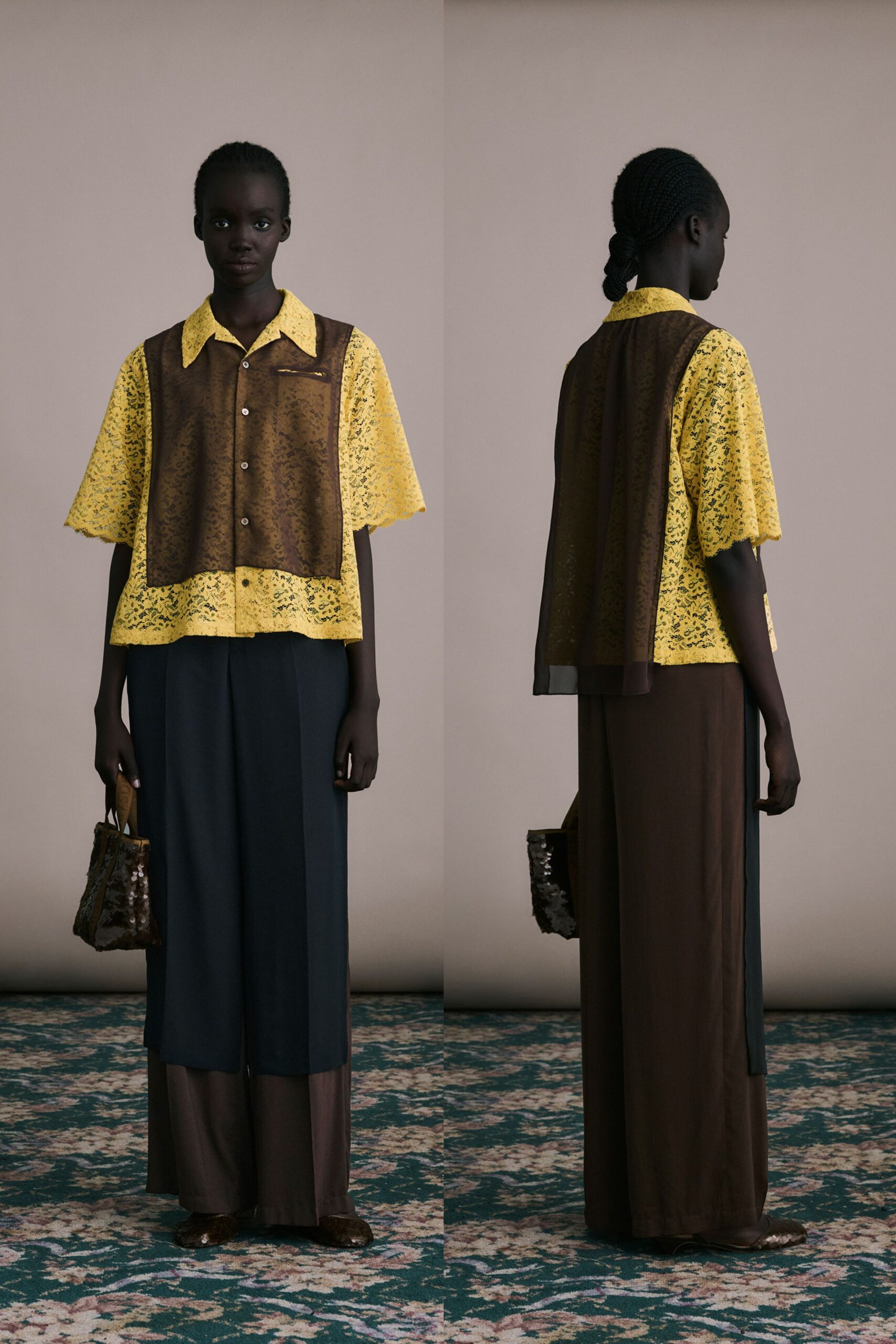 yellow lace top with brown pants