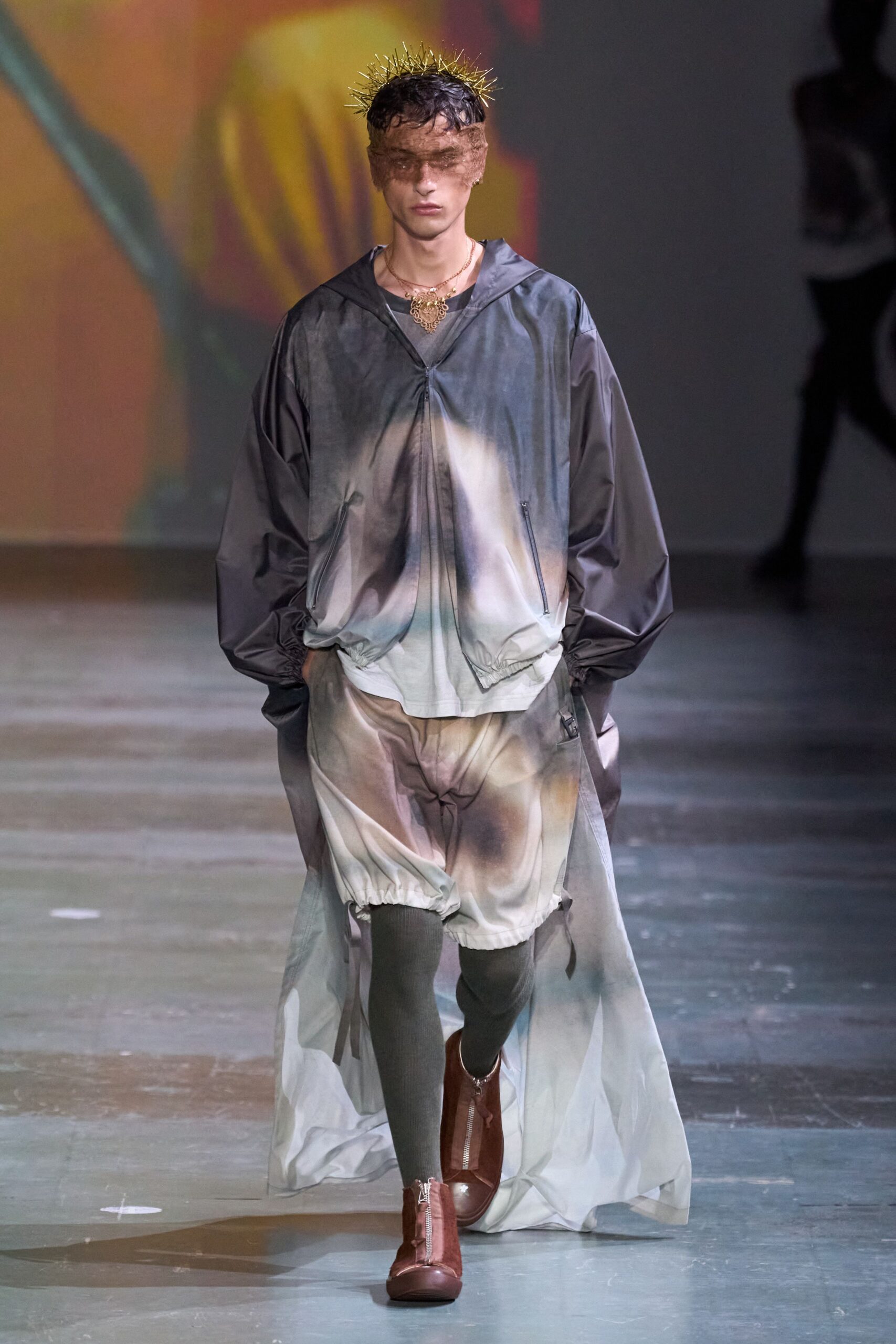gray silk long-sleeve hooded relaxed layered flowing jacket