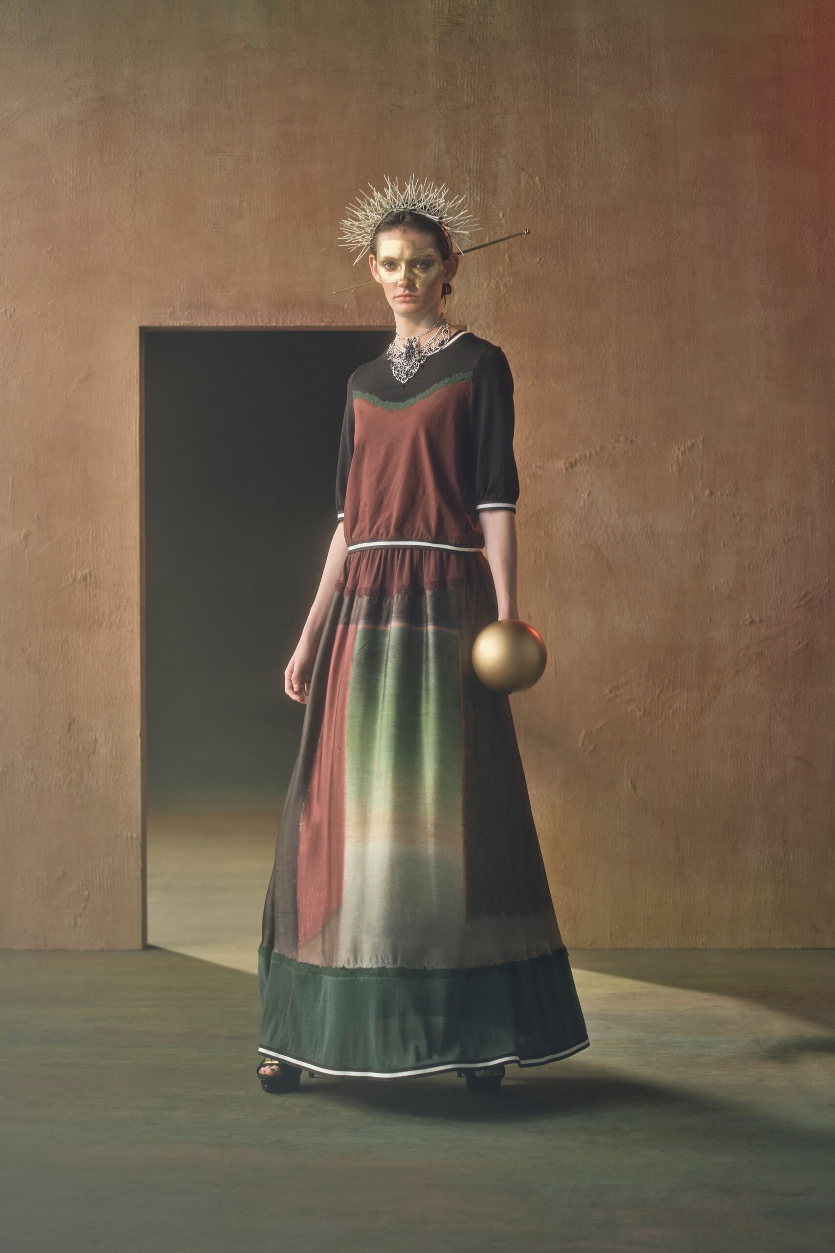 brown and green layered maxi dress