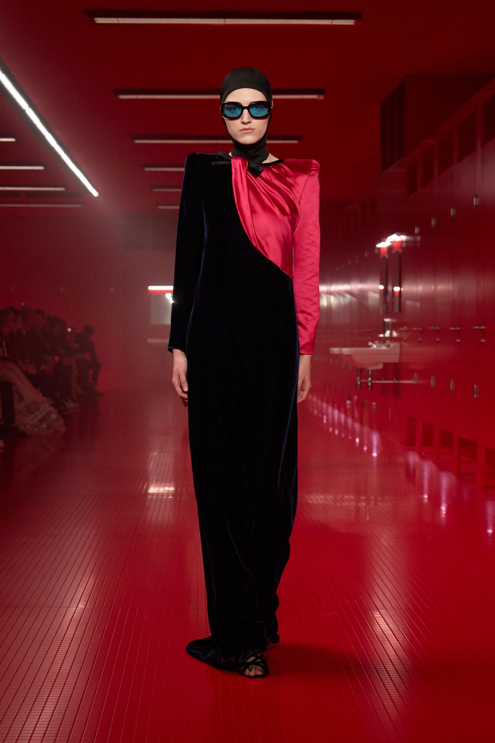 black velvet long-sleeve asymmetric fitted draped shiny gown