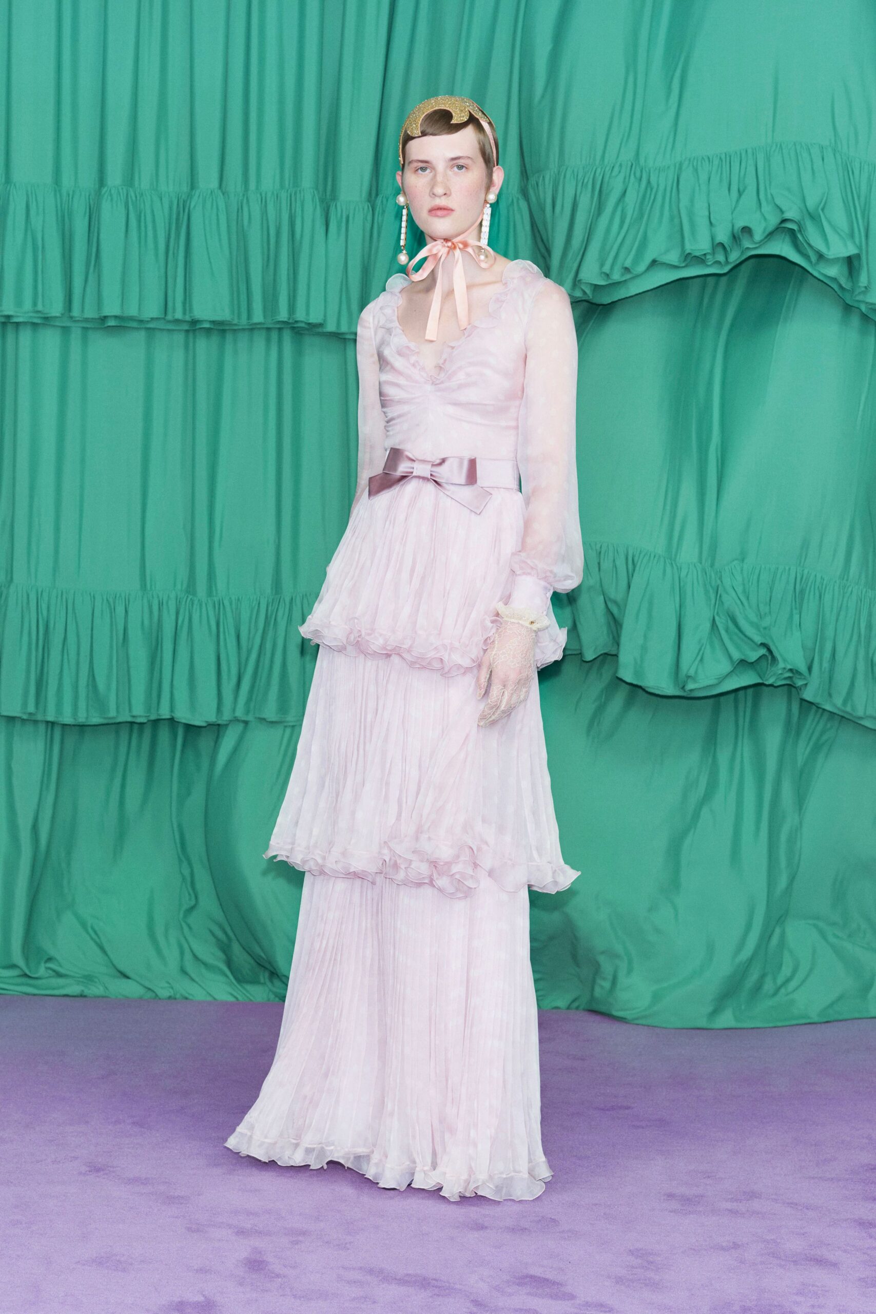 pink chiffon long-sleeve gown