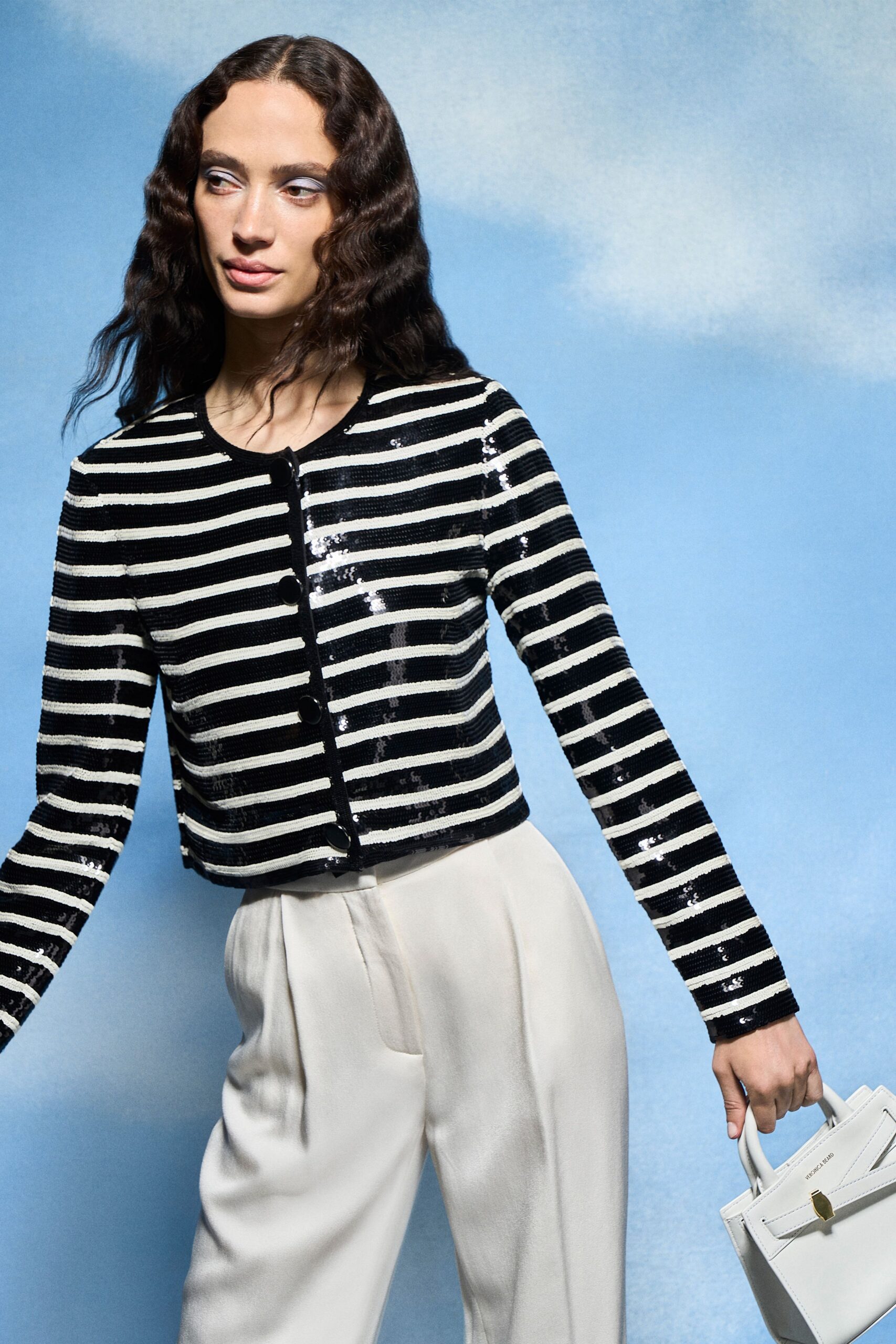 black sequin long-sleeve collared fitted striped buttoned jacket