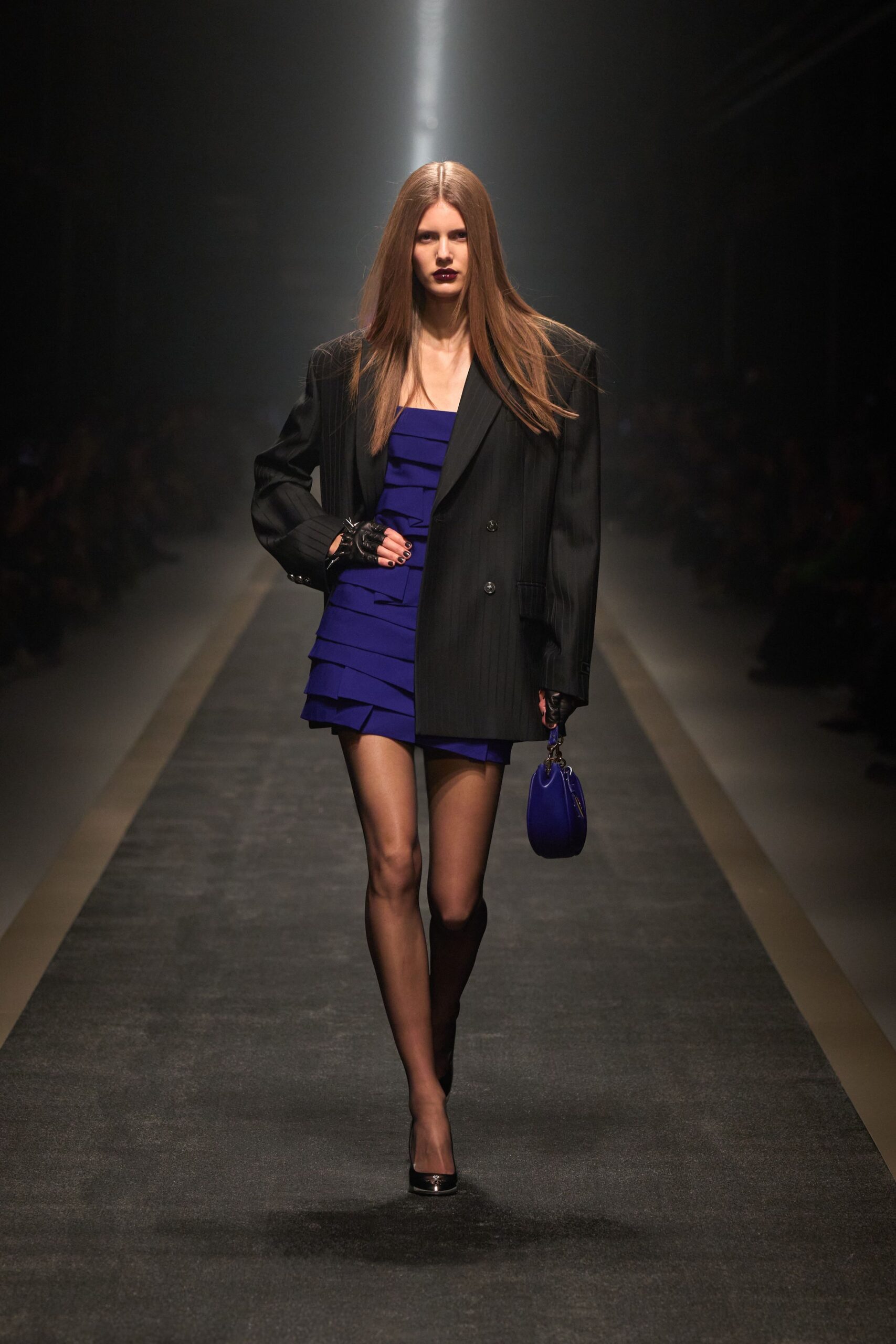 blue pleated mini dress with oversized blazer