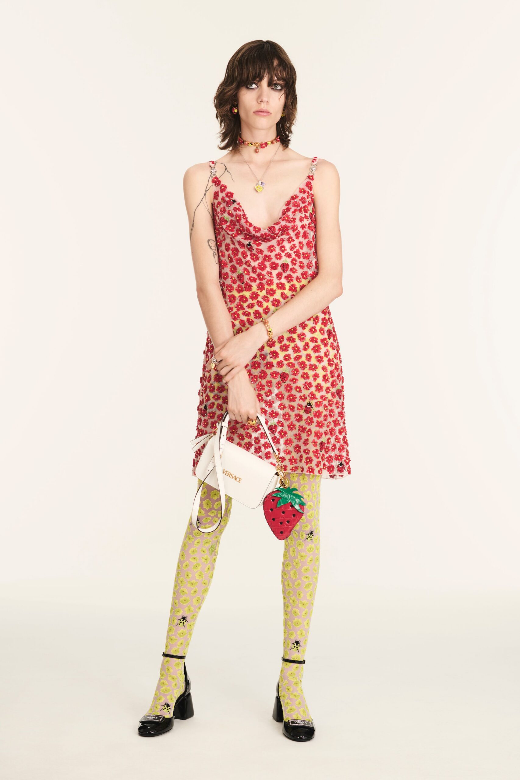 red floral mini-dress with leggings