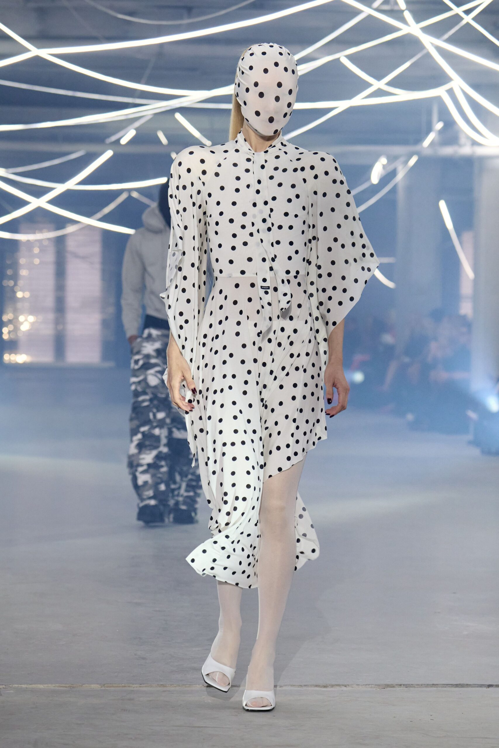 white silk long-sleeve collared relaxed polka-dot midi dress