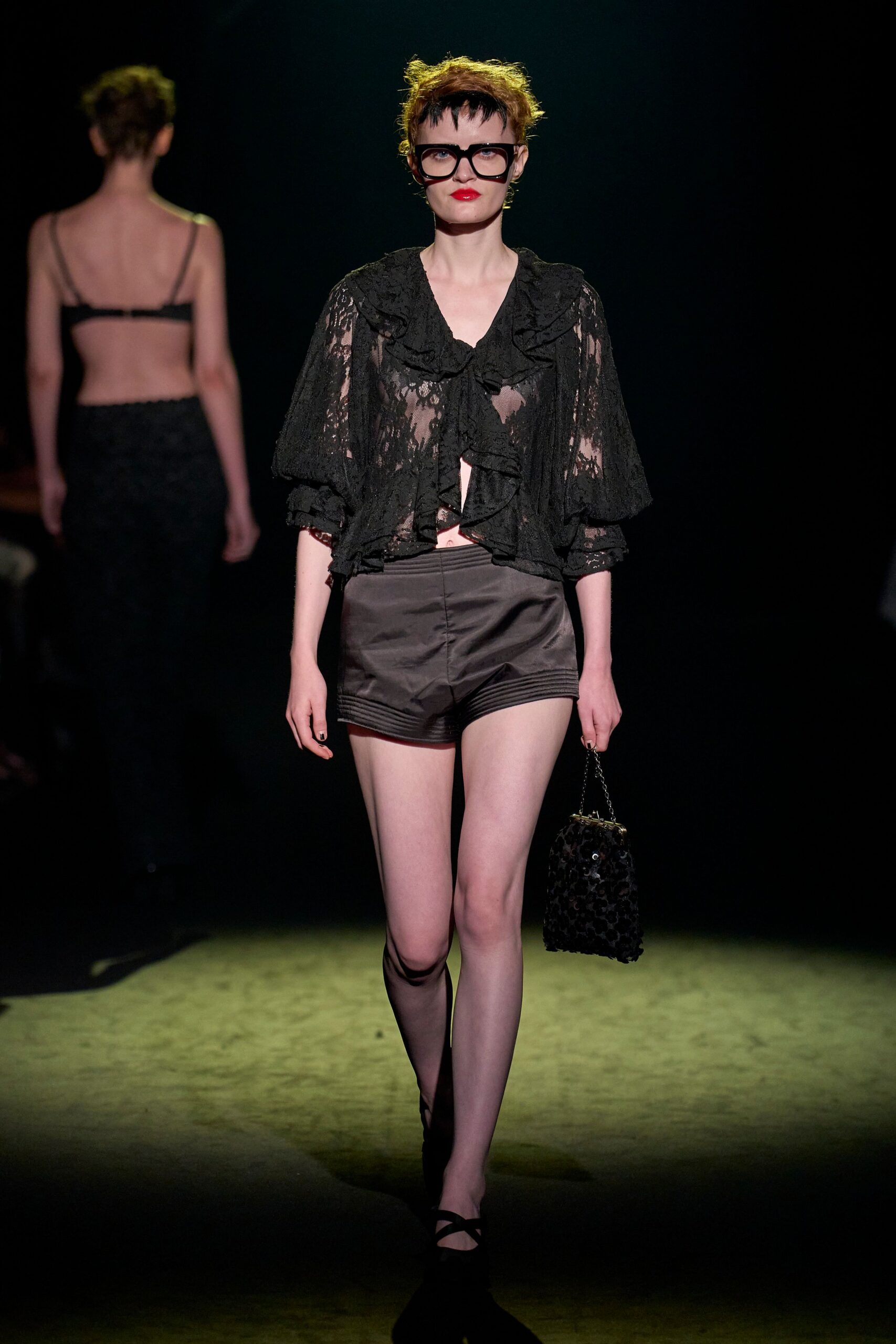 black lace short-sleeve collared fitted ruffled blouse