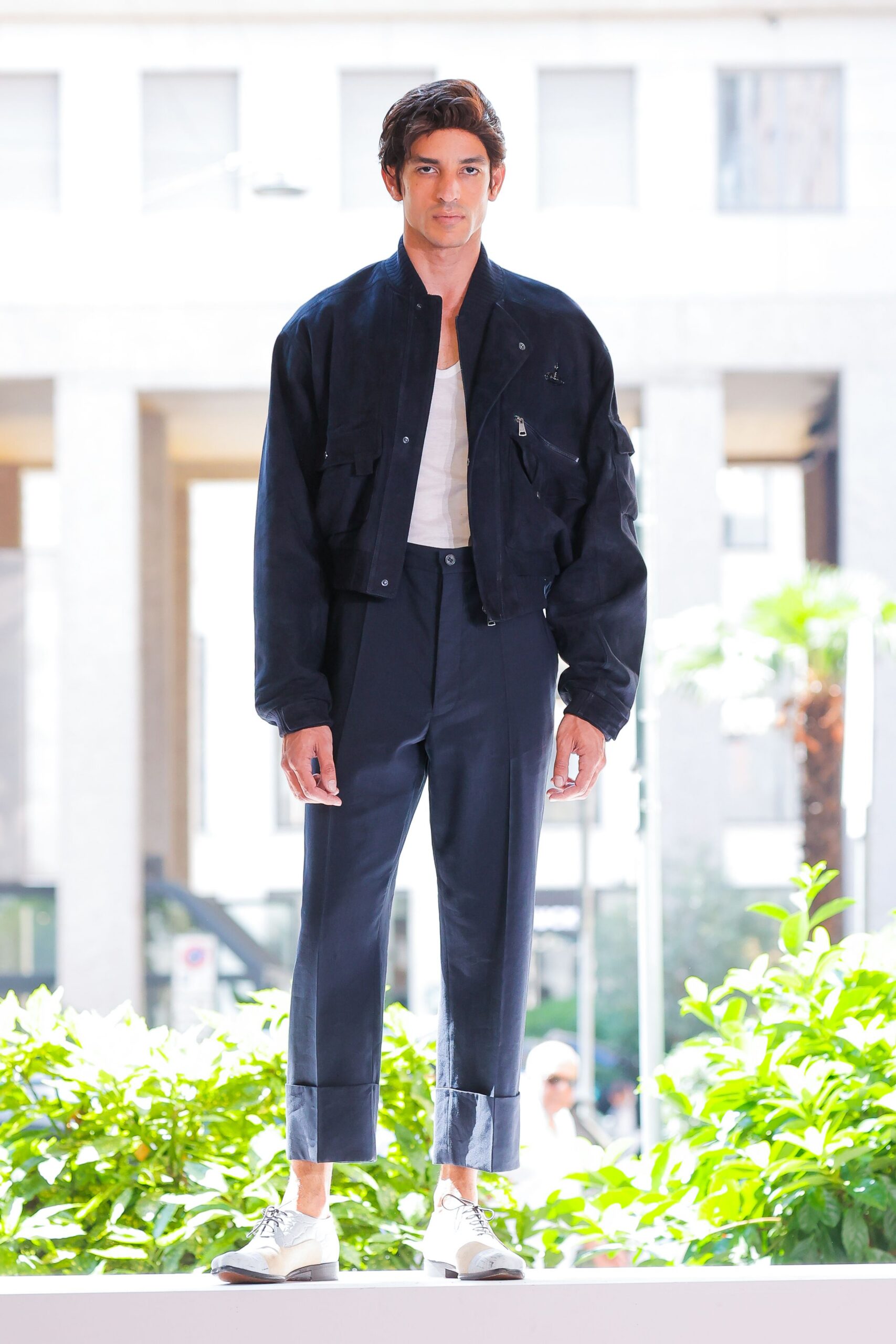 blue cotton tailored high-waisted straight-leg pants