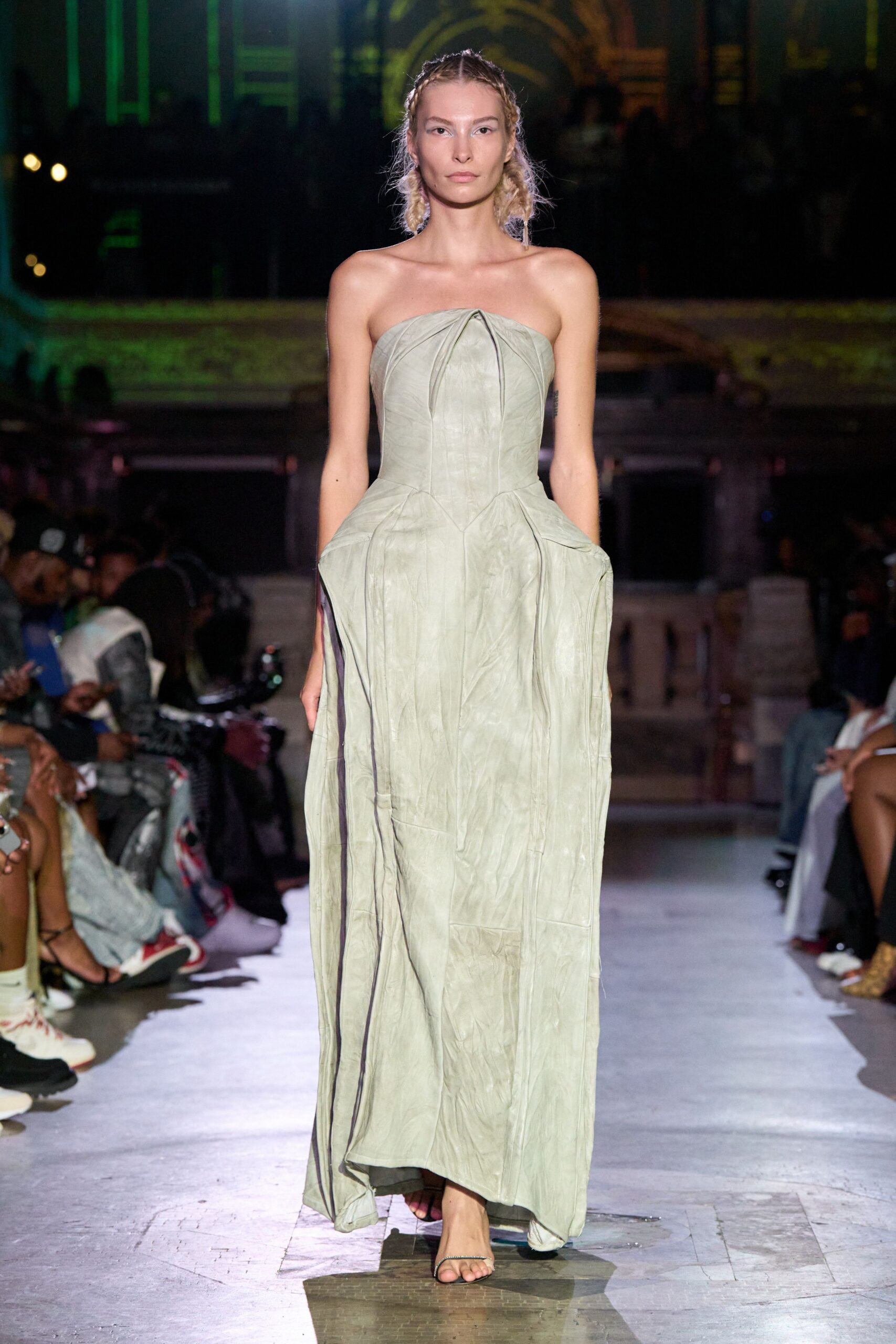 green silk strapless fitted pleated pockets maxi gown