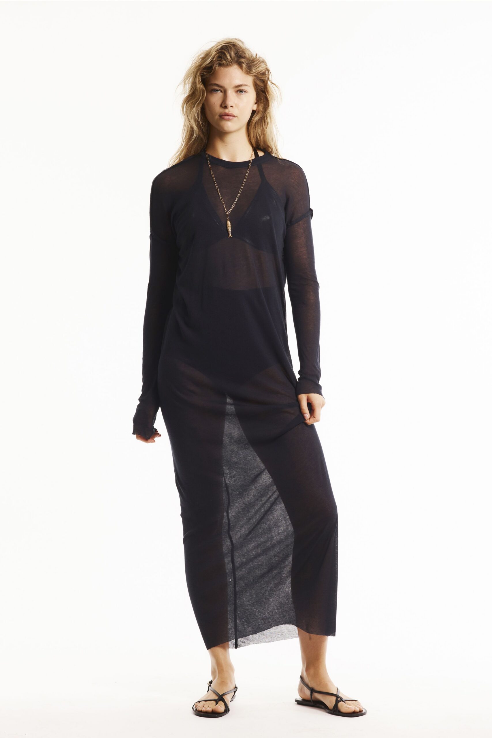 black cotton long-sleeve v-neck fitted sheer flowing dress