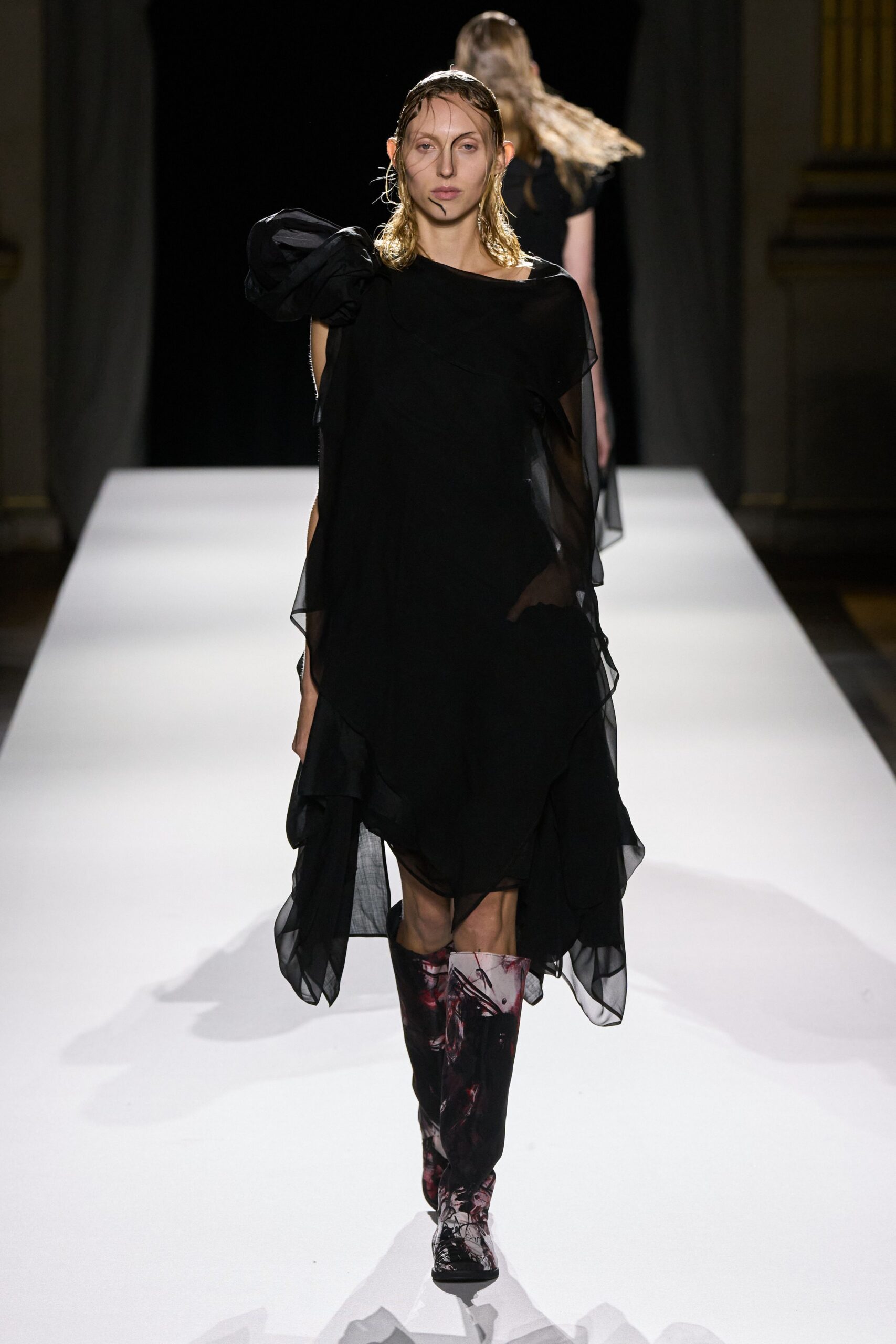 black flowing midi dress with printed boots