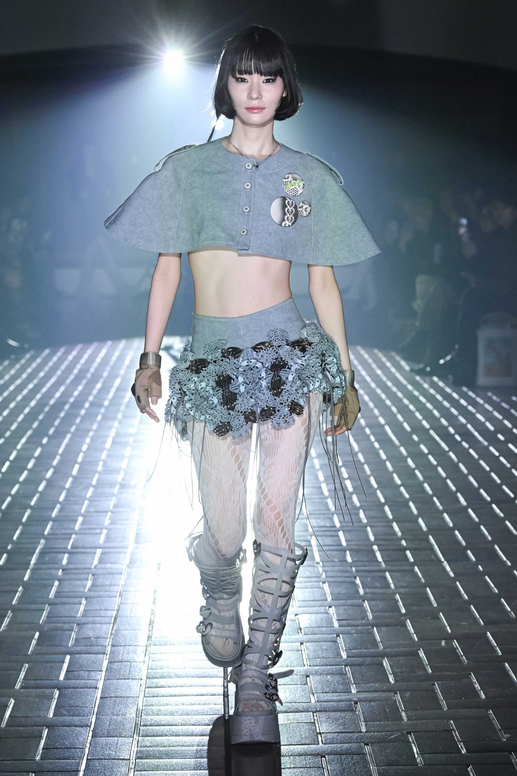 gray denim top and skirt