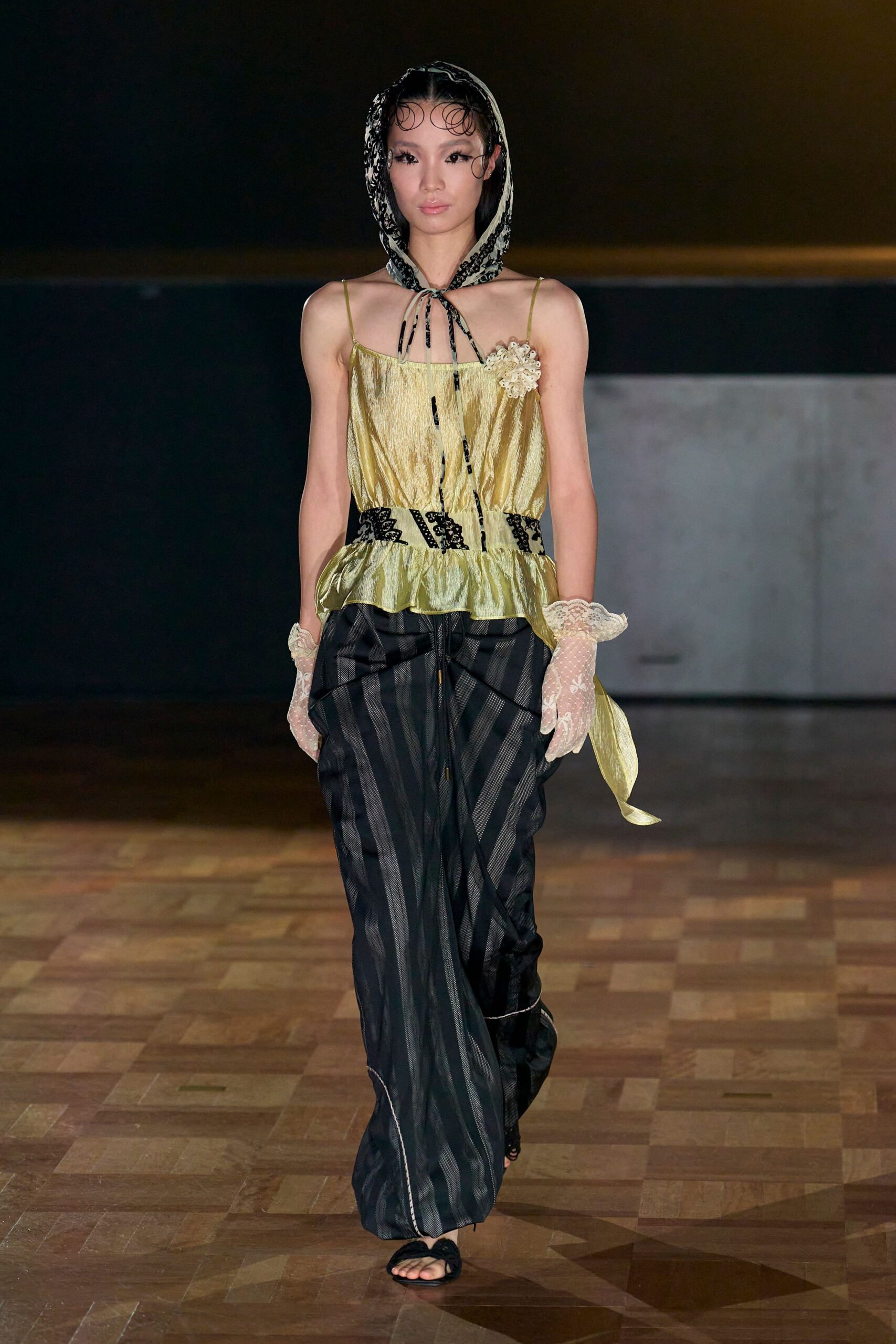 yellow silk sleeveless v-neck fitted ruffled top